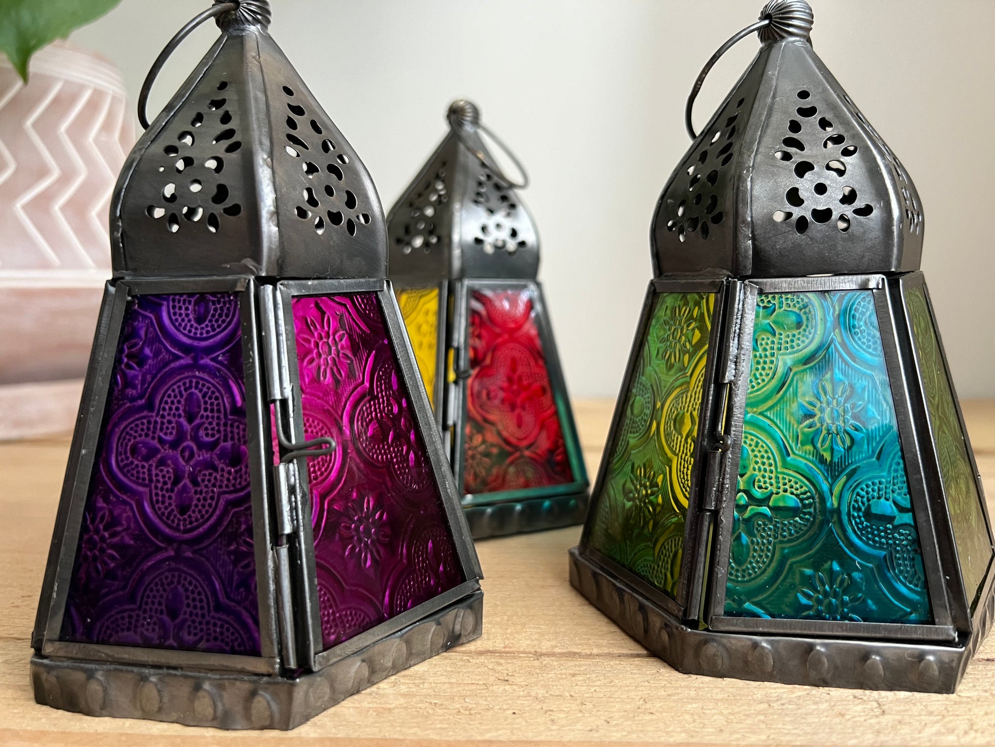 Handmade Fair Trade Moroccan Style Bohemian T Light Holder Lantern Blue Purple Orange