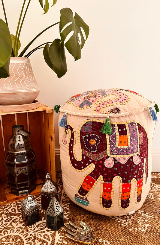 Embroidered Elephant Footstool Pouffe