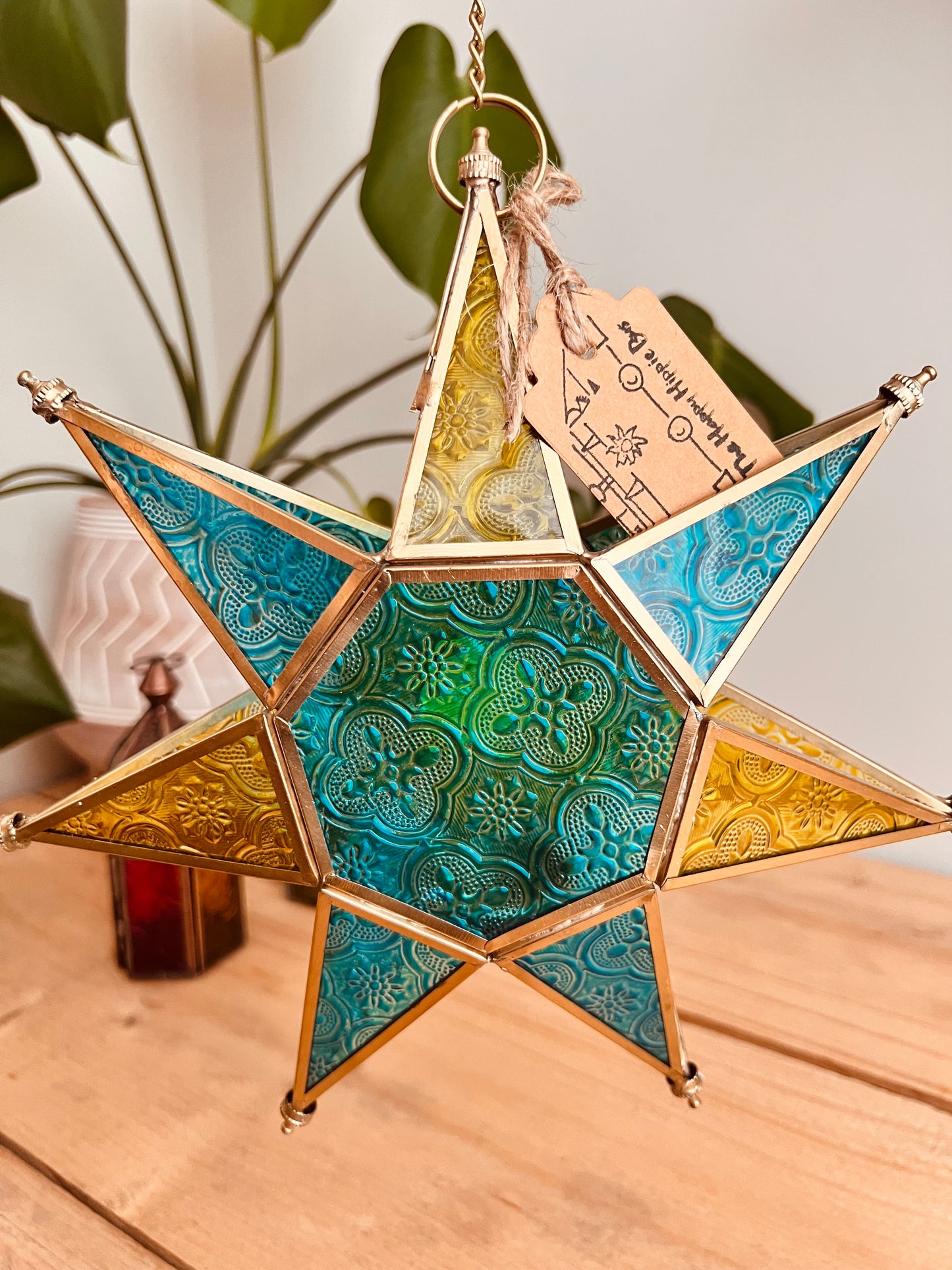 Hanging star stained glass Moroccan style colourful lantern fair trade handmade ethically sourced boho hippie home decor lantern