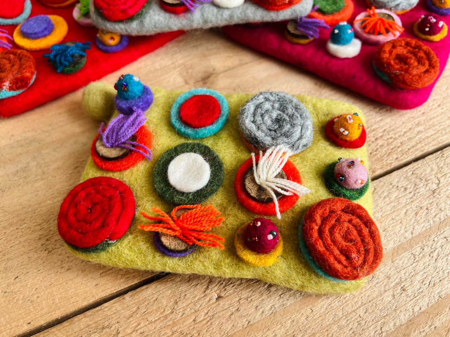 Handmade Fair Trade Ethically Sourced Bohemian Hippie Coin Purse Wallet Made From Wool Felt With Pom Poms & Zip Closure green