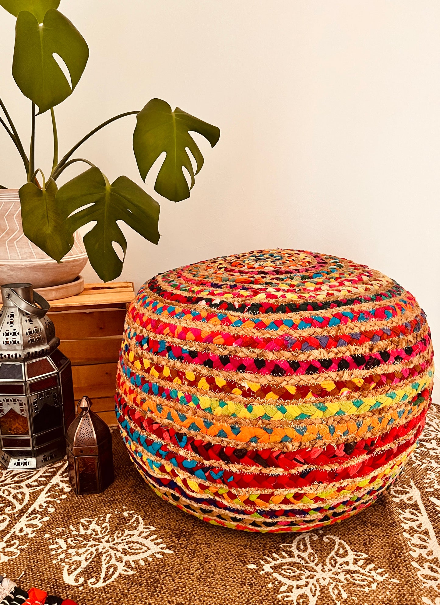 Handmade fair trade ethically sourced round jute Indian chindi cotton footstool pouffe rainbow multicoloured large pouf