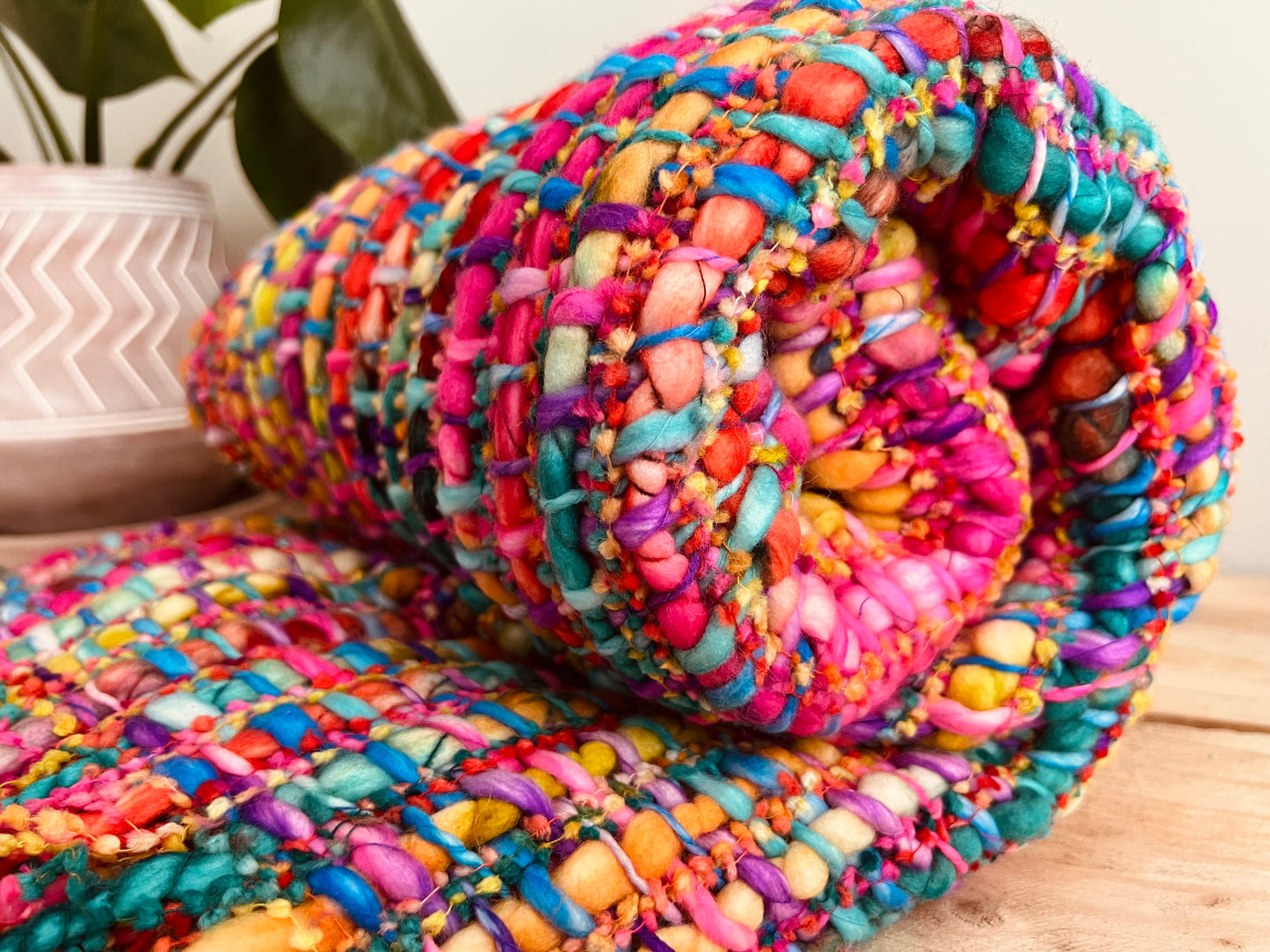 Large Handmade fair trade ethically sourced multicoloured rainbow throw blanket