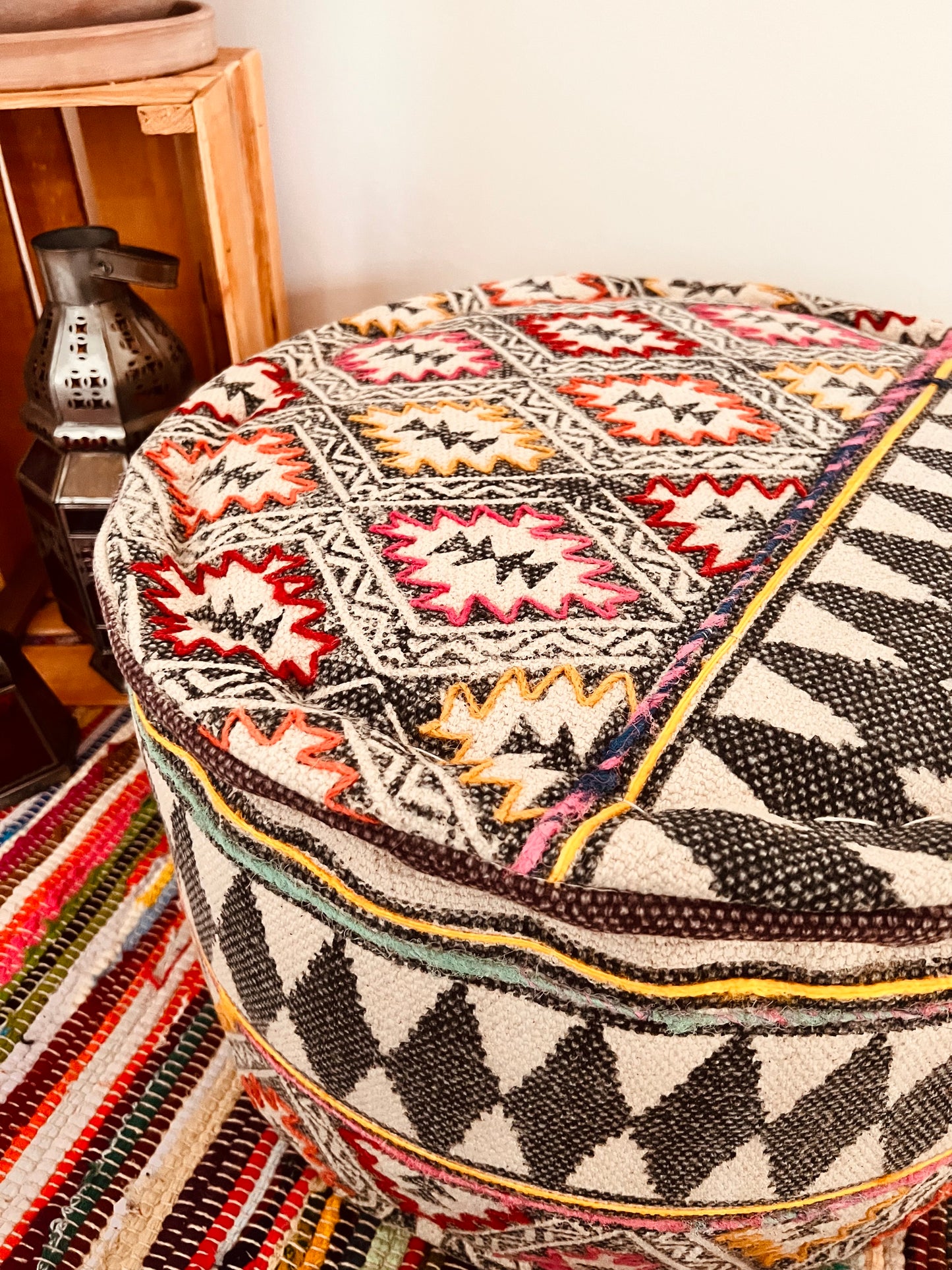 handmade large round footstool pouffe in tribal boho design fair trade bohemian