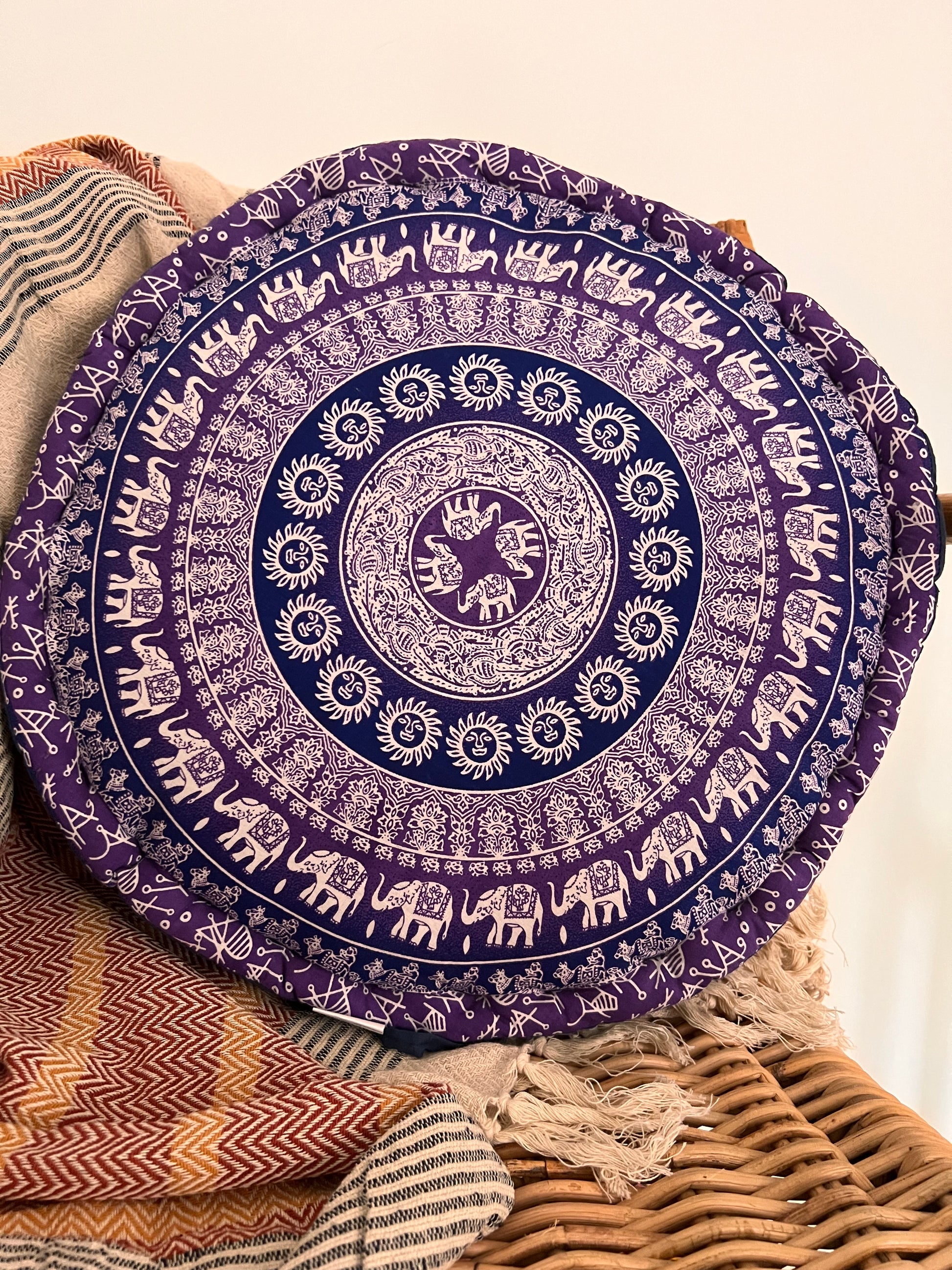 Handmade, Fair Trade, Large Yoga, Floor Cushion, Mandala Elephant Print., Purple