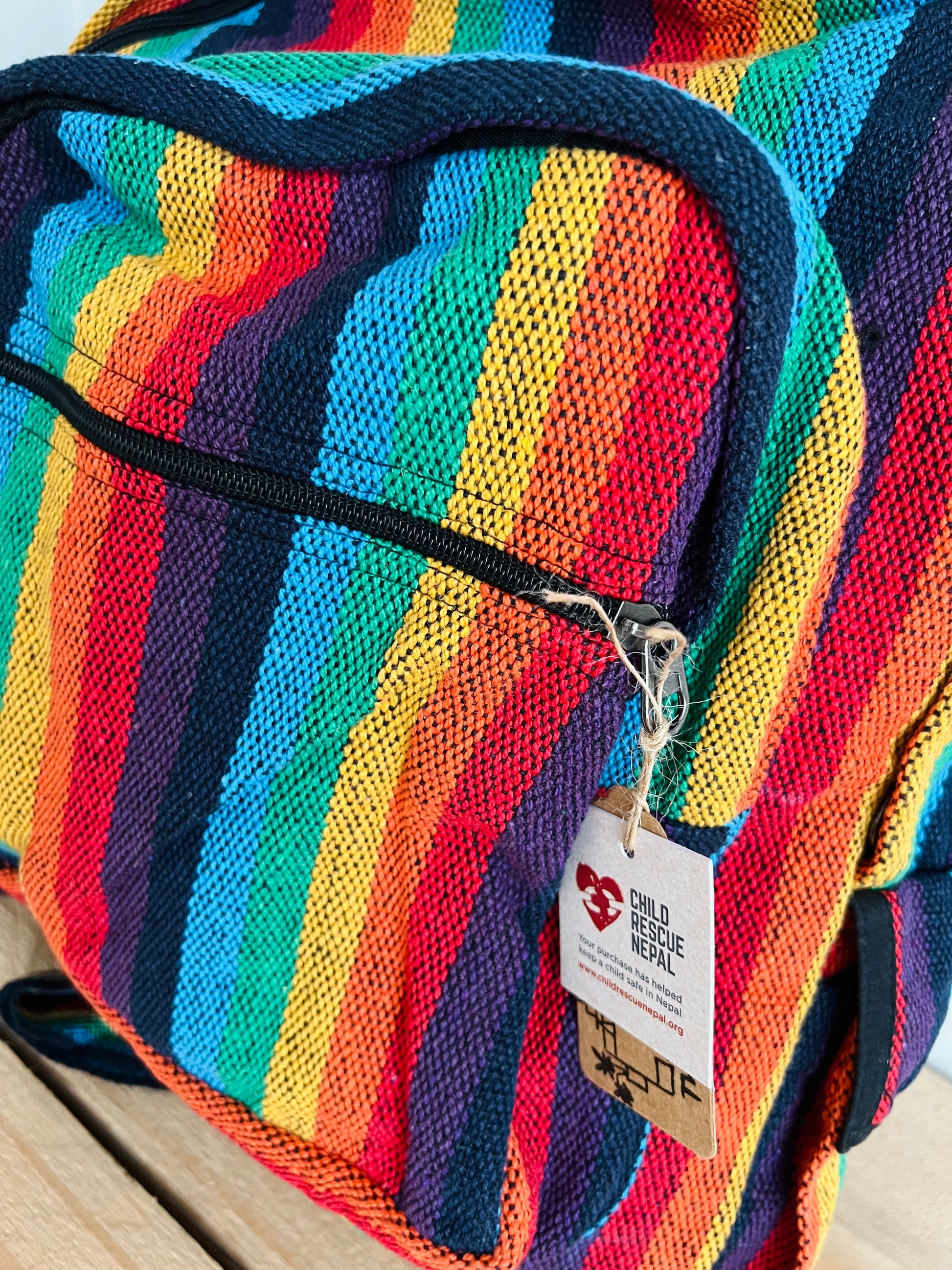 Bohemian Hippie Rainbow Stripe Backpack handmade, Fair Trade & Ethically Sourced 