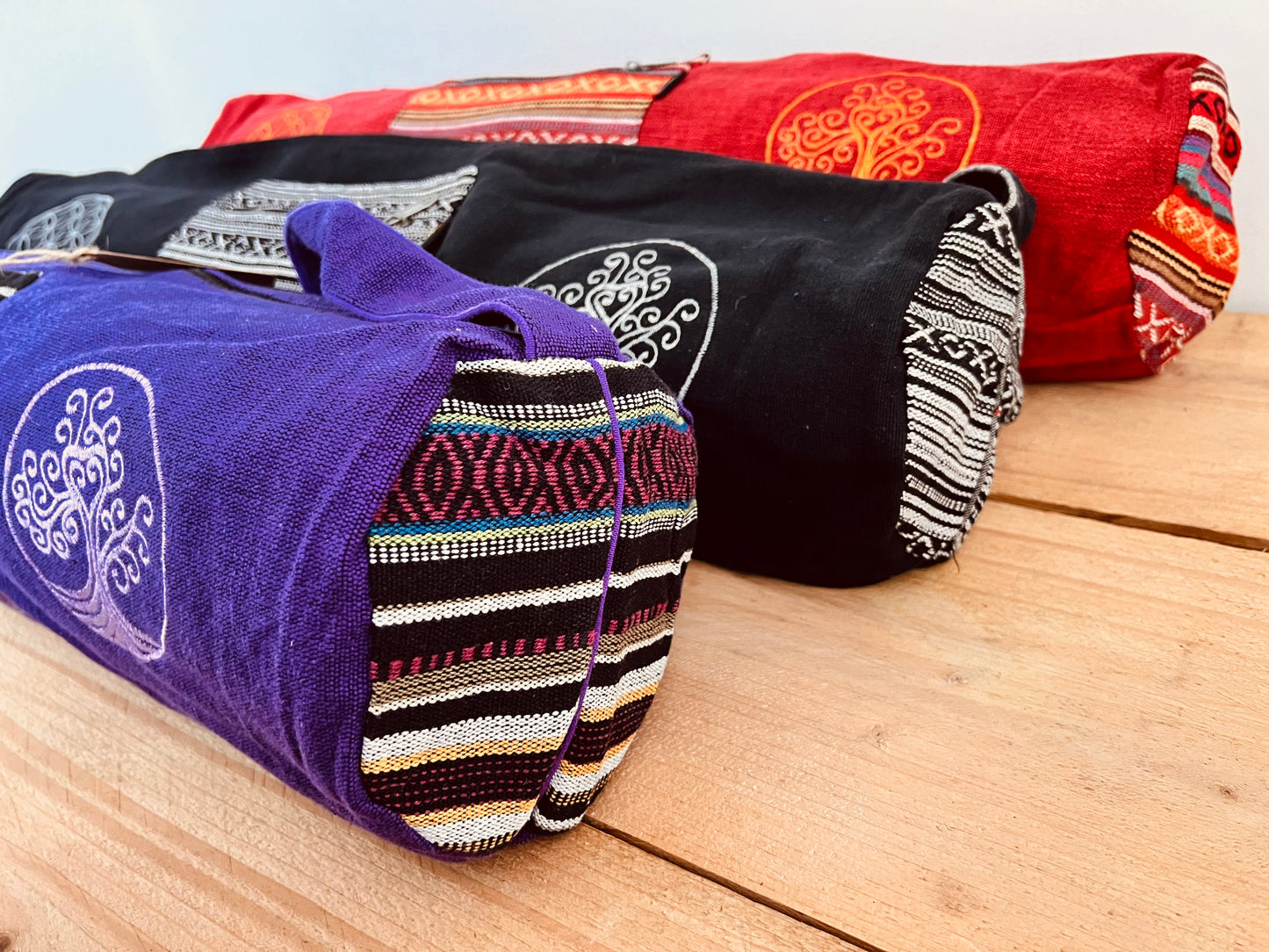 Yoga meditation Pilates exercise Mat bag carrier, exercise wellness wellbeing embroidered sports bag storage bag, boho hippie fair trade tree of life yoga mat bag bohemian handmade fair trade ethically sourced floor mat carrier bag with adjustable strap