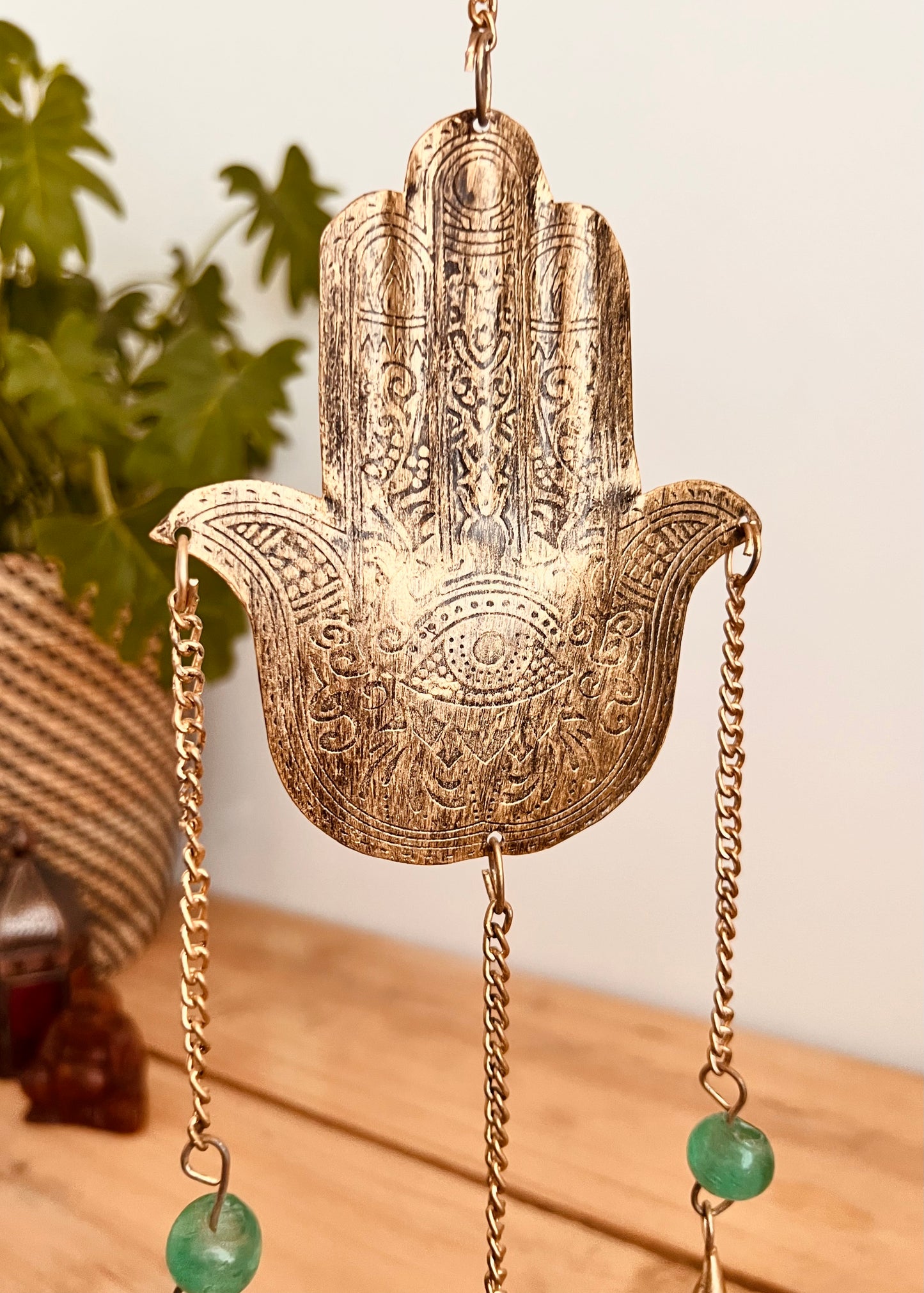 Hamsa Hand of Fatima rustic gold Indian bells with colourful beads indoor wind chime bells boho hippie home decor bells hanging chime bells, handmade recycled fair trade ethically sourced boho hippie home decor bells