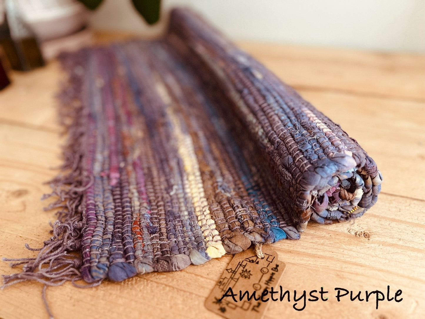 Amethyst Purple Colourful handmade fair trade ethical rag rug home tassel rug mixed colours recycled materials cotton rugs home living room bedroom hallway rug