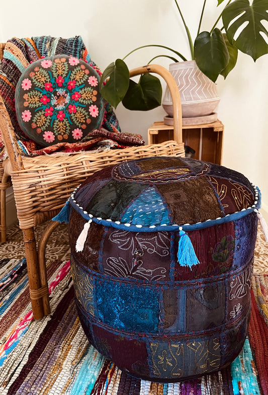 Handmade fair trade indigo blue footstool pouffe pouf 