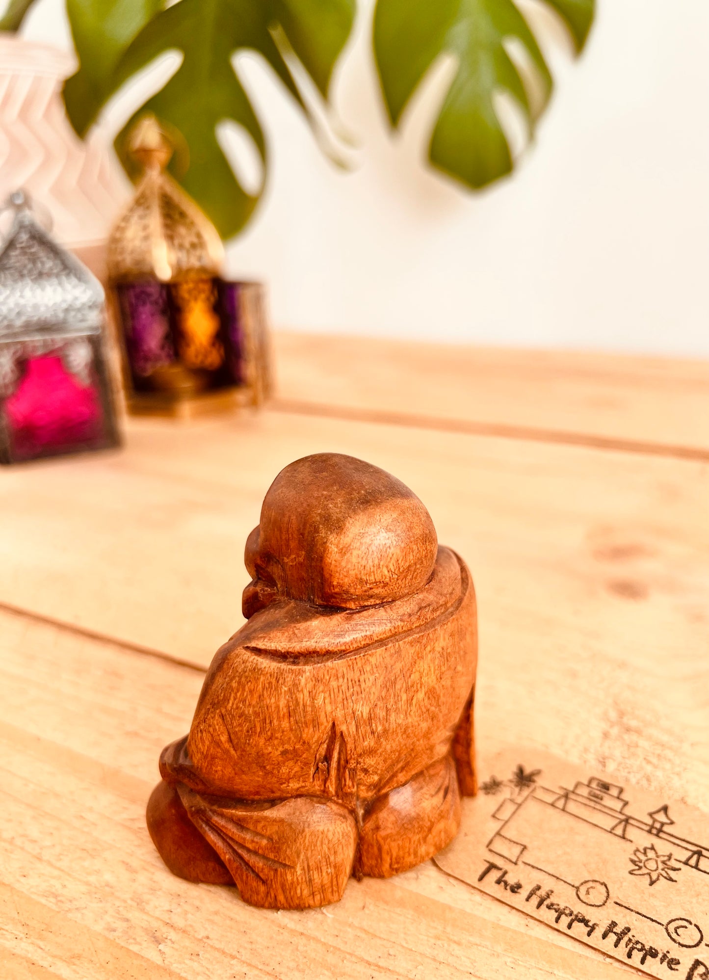 Handmade fair trade carved wooden mini Buddha statue ornament, boho hippie home decor laughing good luck spiritual Buddha home decor mini statue