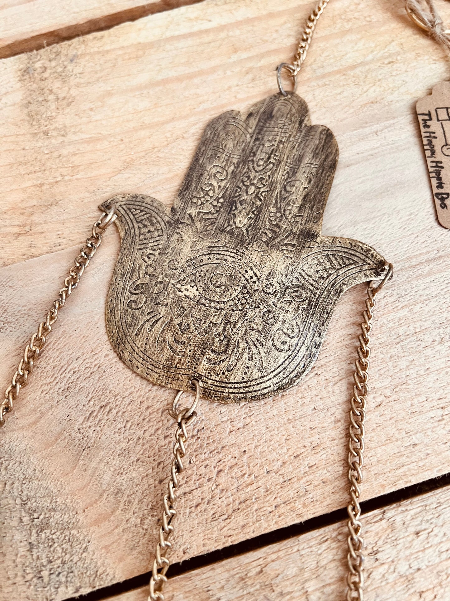 Hamsa Hand of Fatima rustic gold Indian bells with colourful beads indoor wind chime bells boho hippie home decor bells hanging chime bells, handmade recycled fair trade ethically sourced boho hippie home decor bells