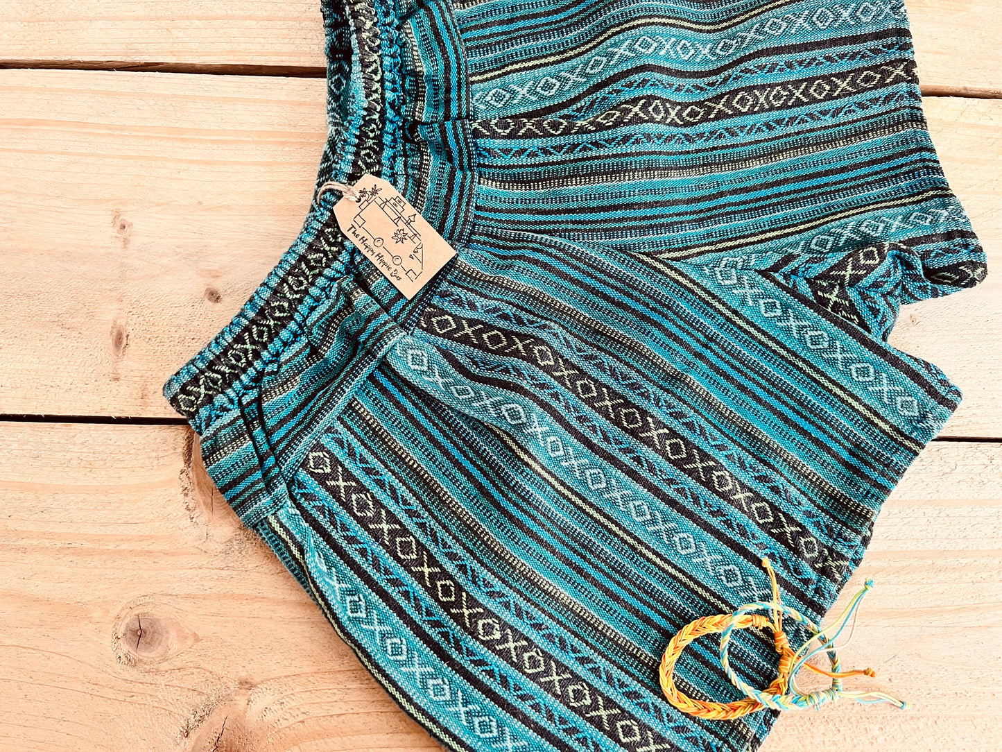 women’s summer boho hippie shorts, blue turquoise striped casual relaxed fit shorts with half elasticated waist, recycled handmade cotton fabric shorts with striped bohemian hippie design, fair trade and ethical