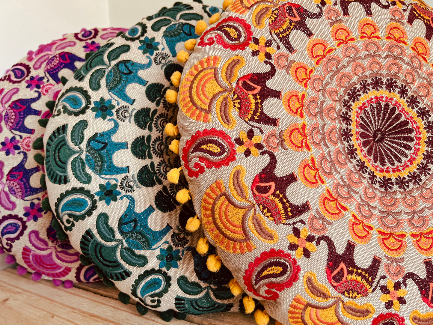 Handmade, Fair Trade Embroidered Yoga Meditation Cushion With Mandala Elephant Design