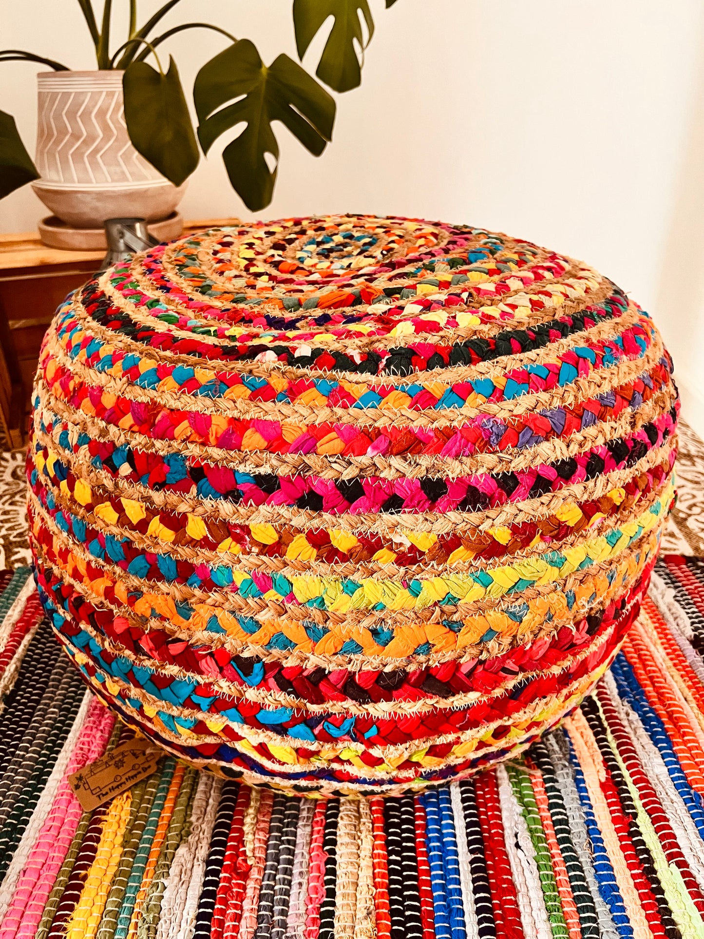 Handmade fair trade ethically sourced round jute Indian chindi cotton footstool pouffe rainbow multicoloured large pouf