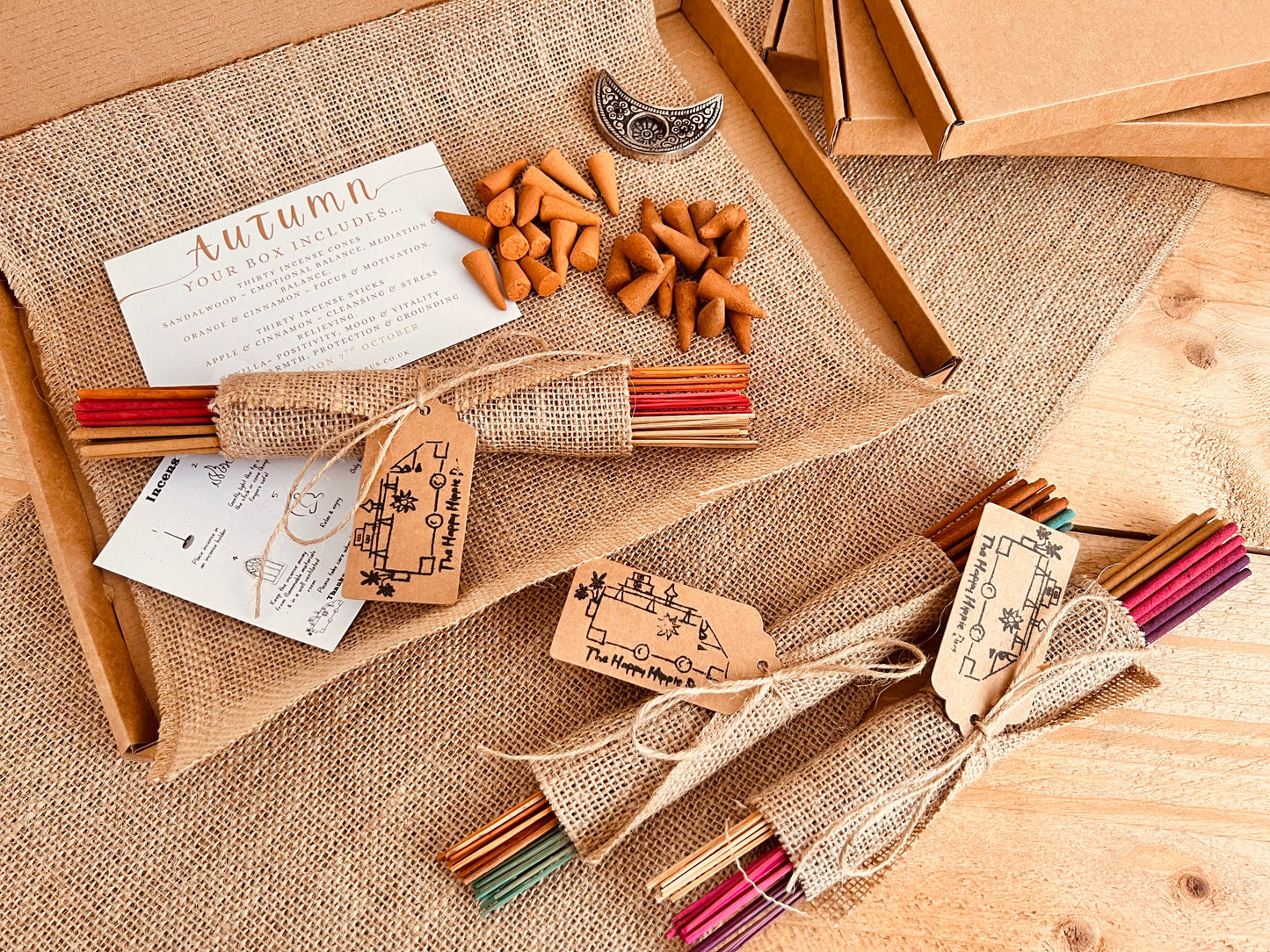 Eco-friendly incense sticks and cones in a subscription box, perfect for creating a peaceful and aromatic space
