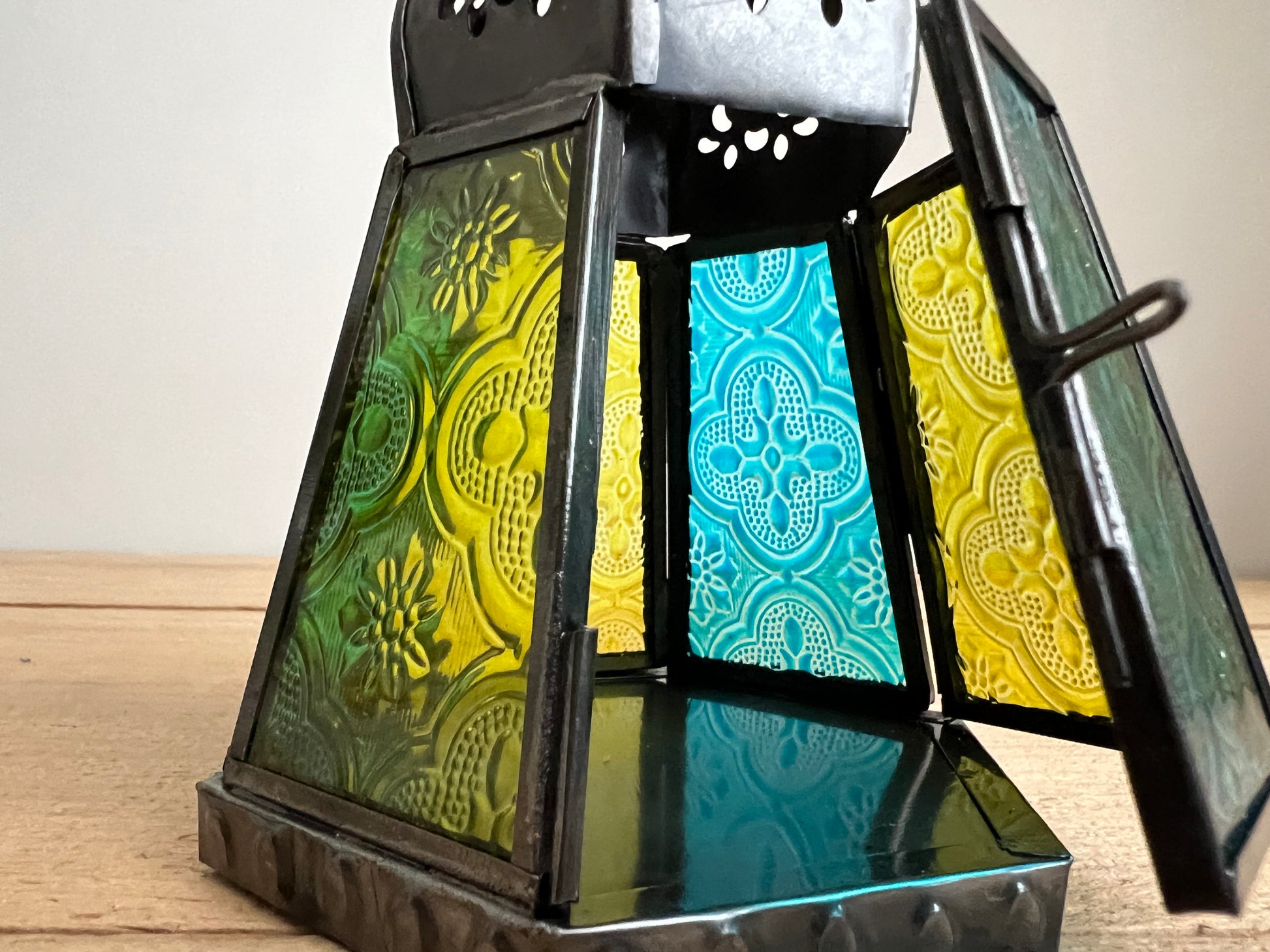 Handmade Fair Trade Moroccan Style Bohemian T Light Holder Lantern Blue Purple Orange