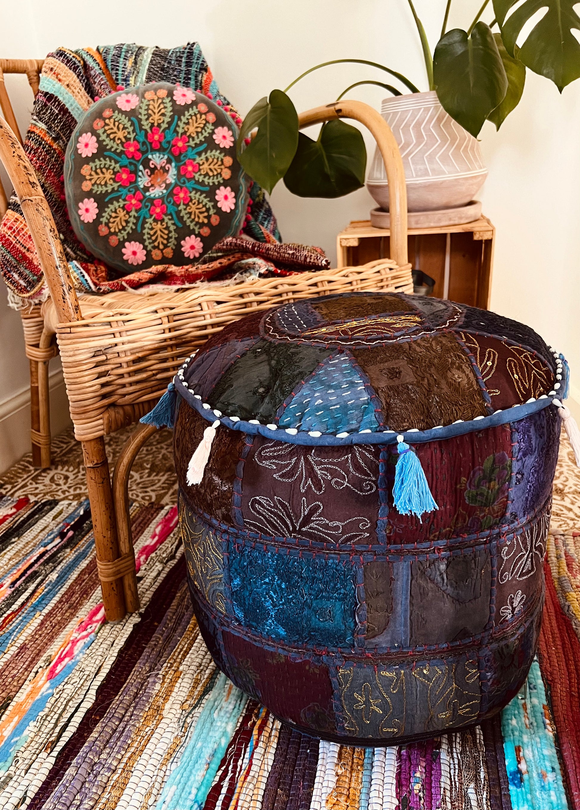 Boho Hippie fair trade indigo blue footstool ethical pouffe pouf 