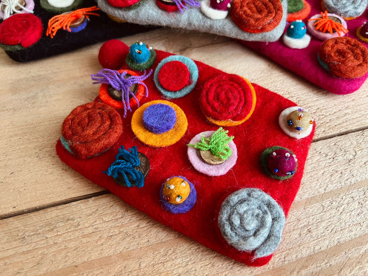 Handmade Fair Trade Ethically Sourced Bohemian Hippie Coin Purse Wallet Made From Wool Felt With Pom Poms & Zip Closure Red