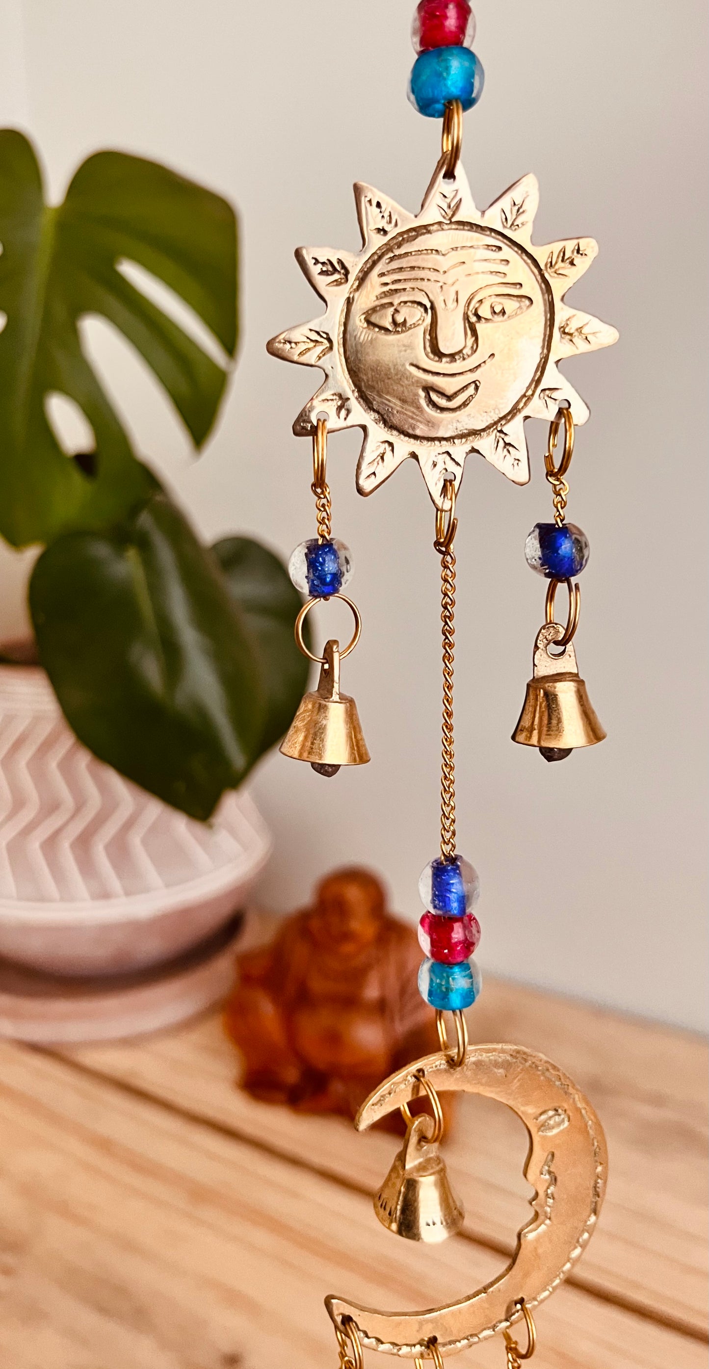 Brass Sun Crescent Moon star bells windchime wind chime recycled eco brass Indian bells fair trade handmade