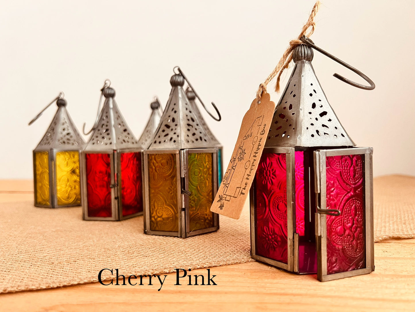 Handmade Fair Trade Ethically Sourced Recycled Metal Glads Lantern Moroccan Style T Light Holder Small Colourful Boho Hippie Decor Orange Purple Green Blue Purple Yellow Pink Red Silver Mini Lantern
