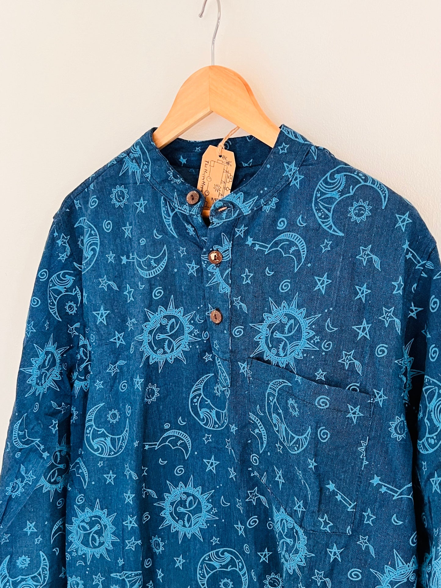 Blue moon sun celestial grandad collar button shirt Handmade fair trade ethically sourced ethical clothing long sleeve cotton shirt 