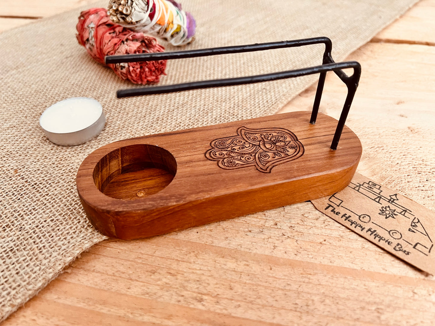 Teak wood Palo Santo smudge stick heater, hamsa hand design wooden incense heater, purifying, cleansing home fragrance