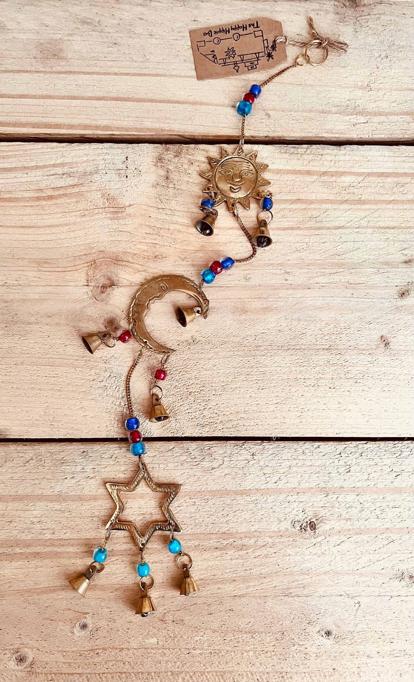 Brass Sun Crescent Moon star bells windchime wind chime recycled eco brass Indian bells fair trade handmade
