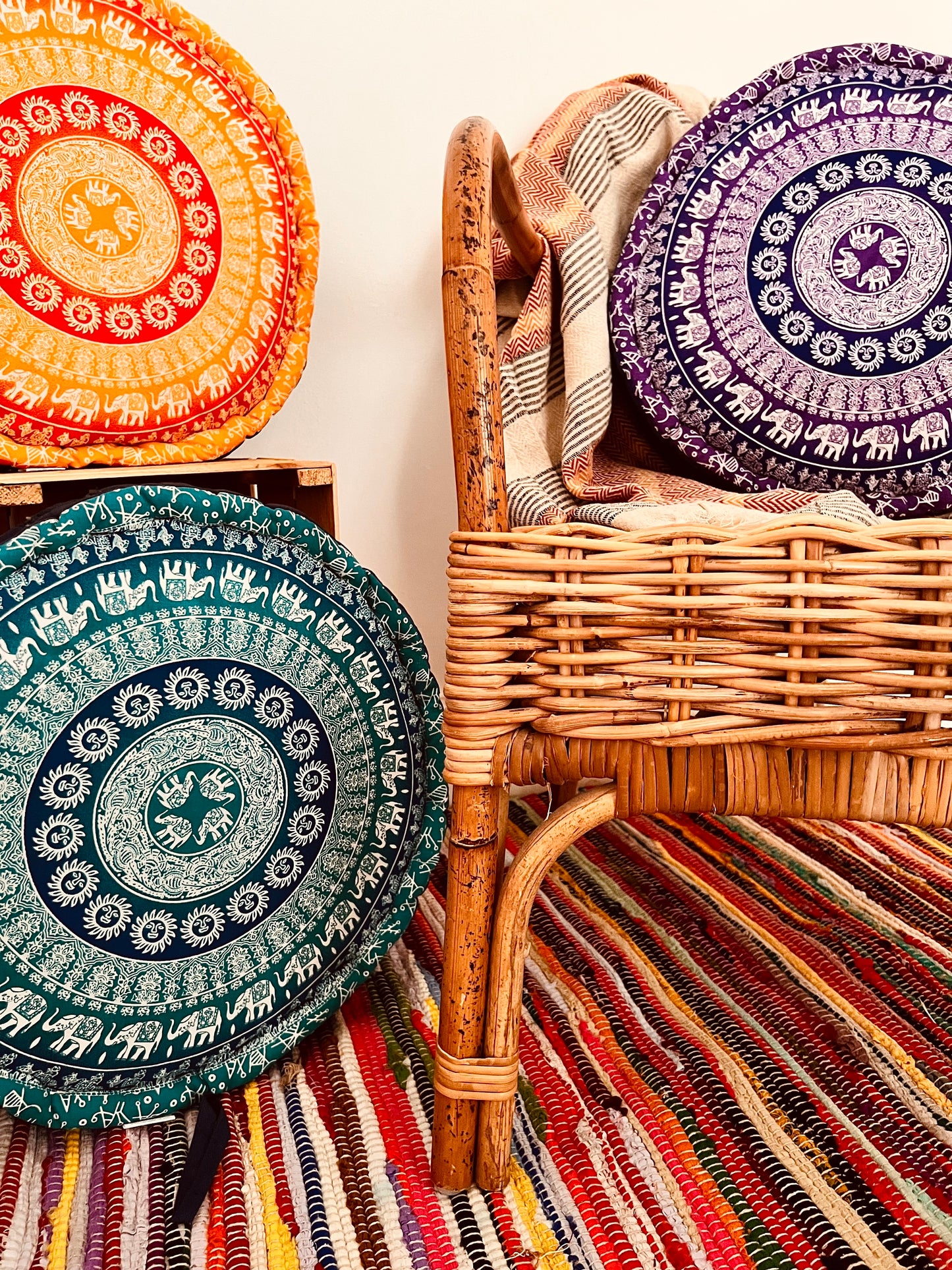 Handmade Hand Printed Elephant Mandala Yoga Floor Meditation Cushion Purple Blue Orange.
