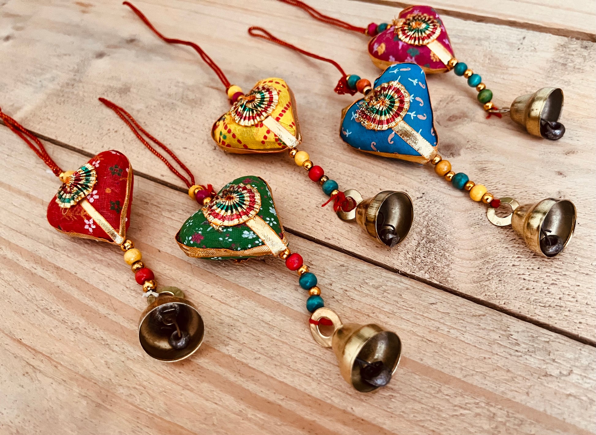 Handmade & Fair Trade Fabric Heart Bell In Recycled Sari Material Hippie Bohemian Decor