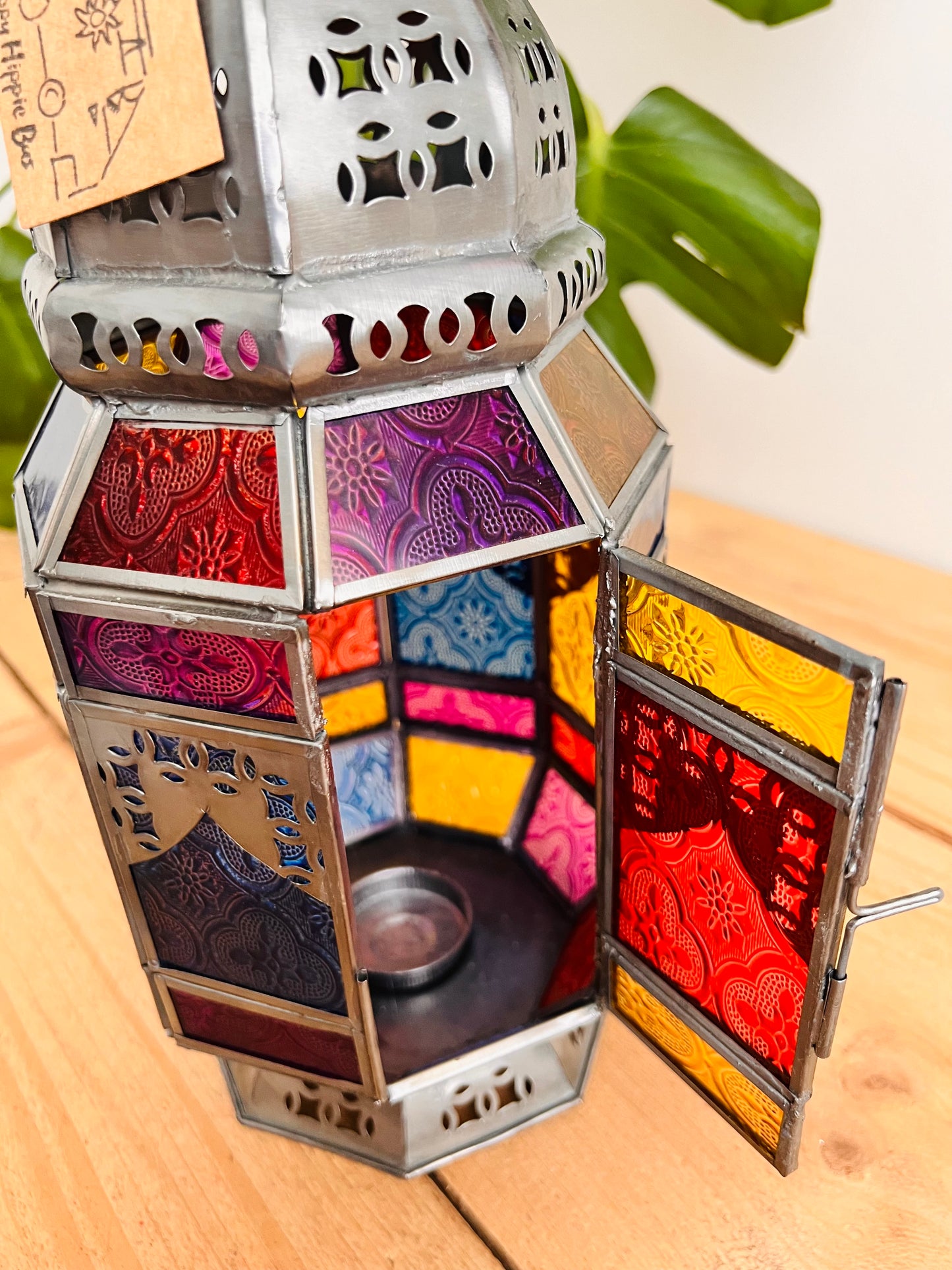 Large Moroccan Style colourful stained glass lantern tea light metal candle holder fair trade handmade ethical lantern