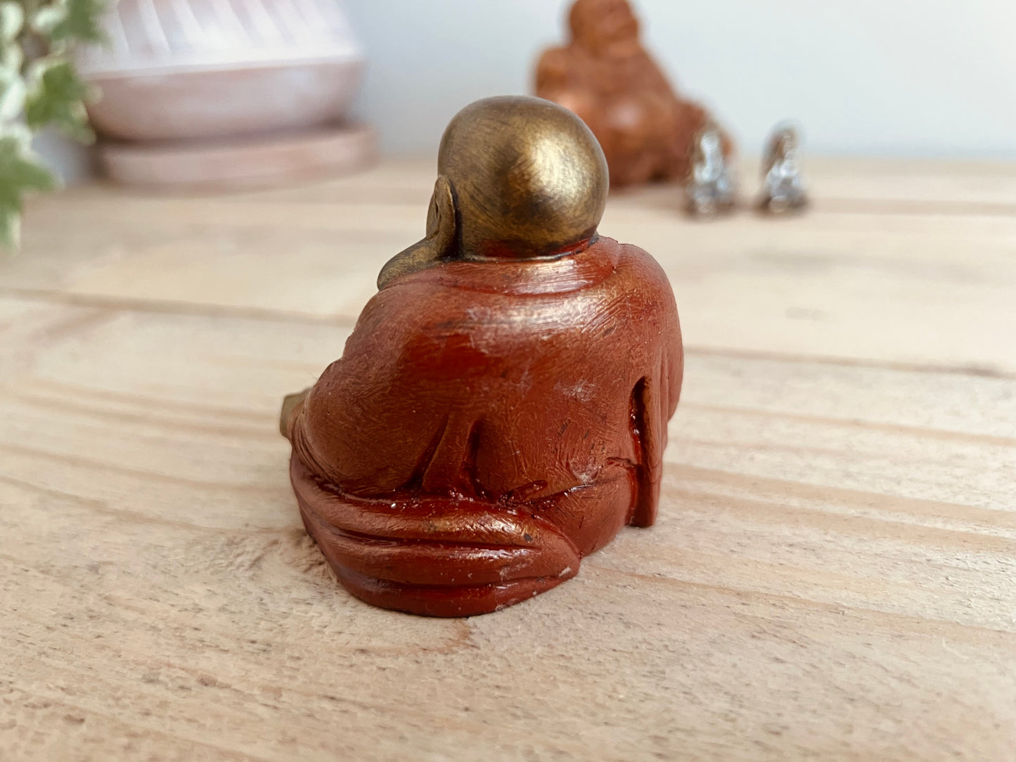 Handmade Fair Trade Laughing Gold Green Red Buddha Ornament Statue Small Bohemian Hippie Decor