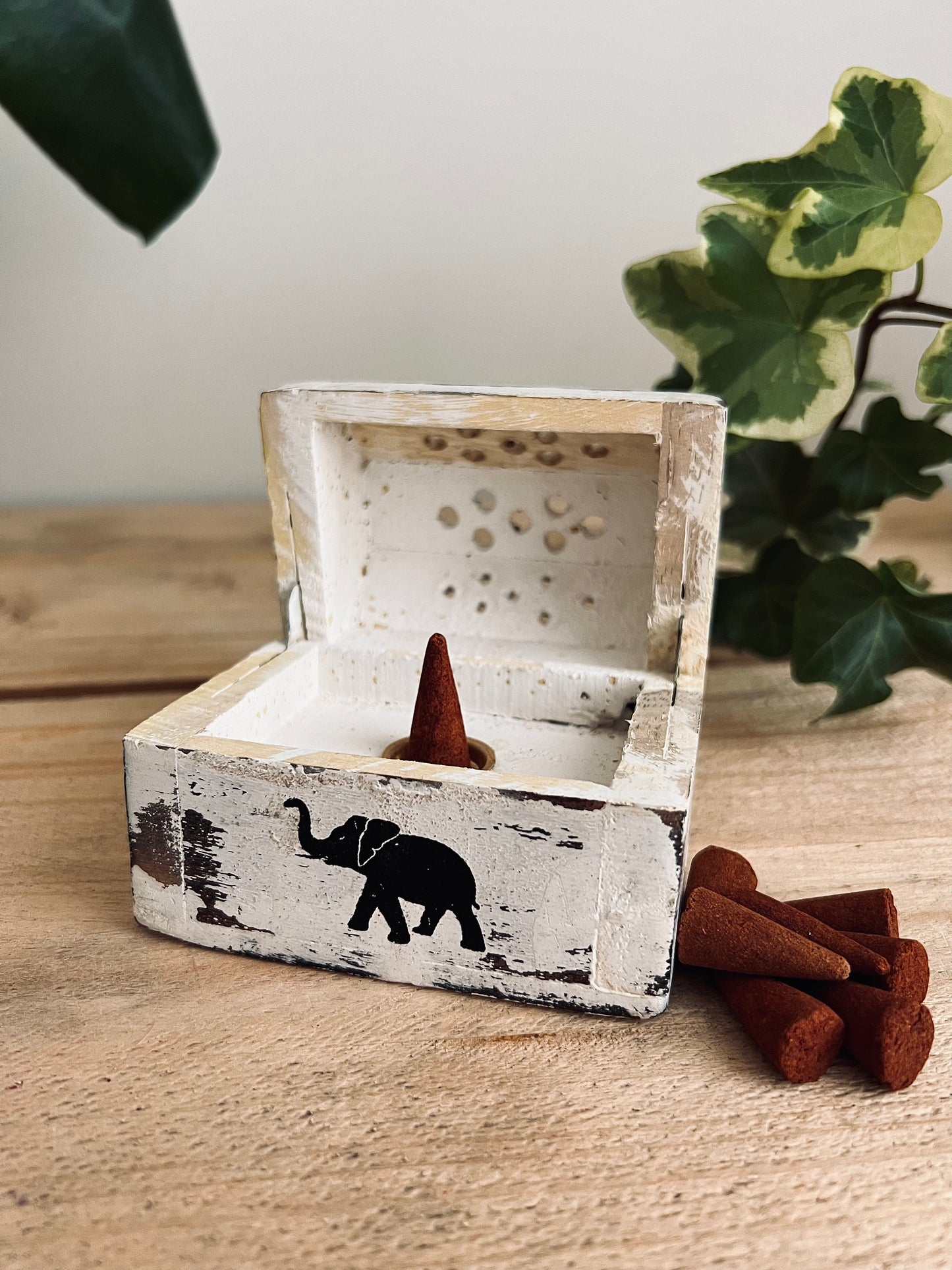 Handmade Fair Trade Ethically Sourced Elephant White Washed Incense Cone Box Bohemian Hippie Ash Catcher