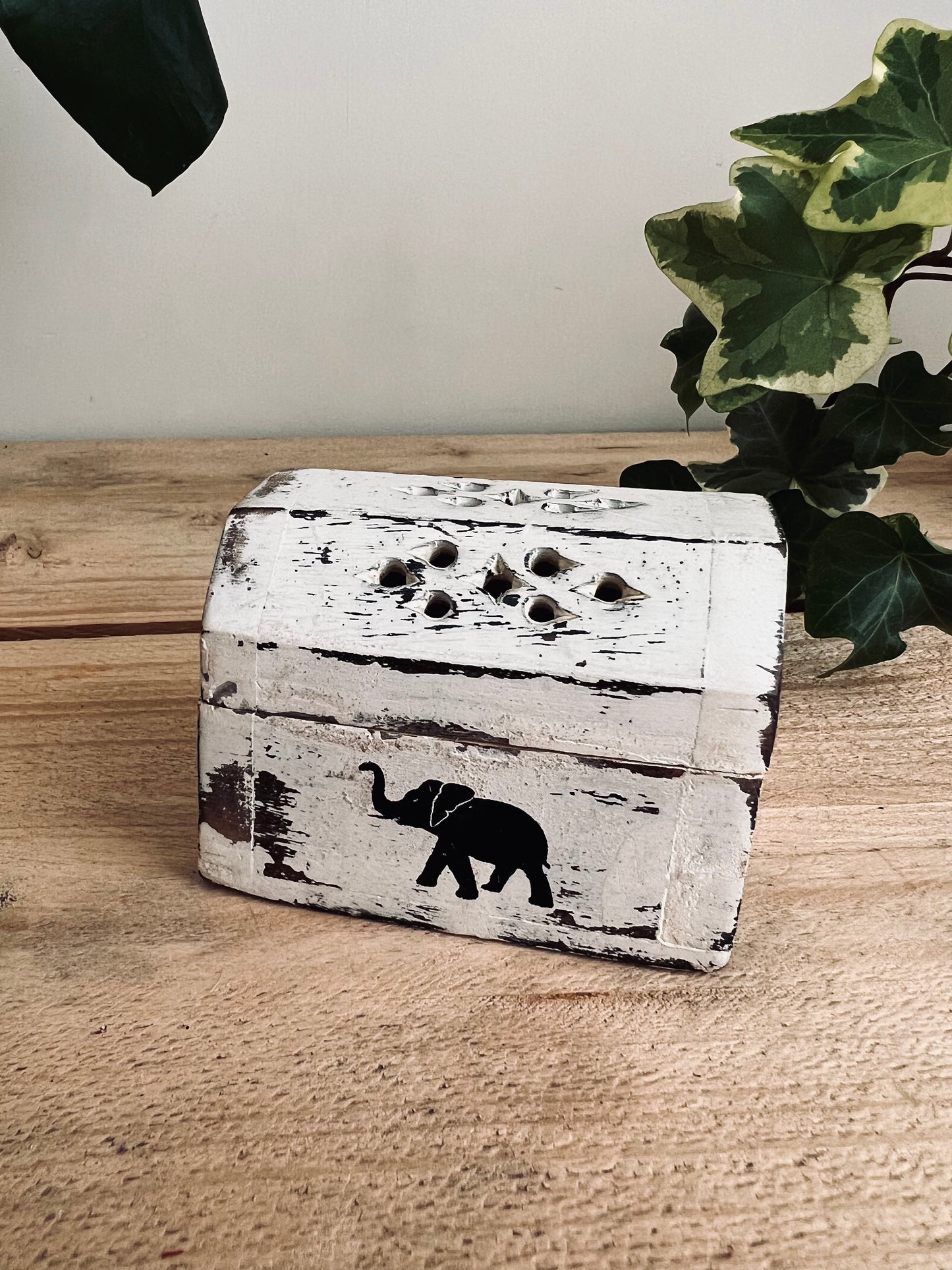Handmade Fair Trade Ethically Sourced Elephant White Washed Incense Cone Box Bohemian Hippie Ash Catcher
