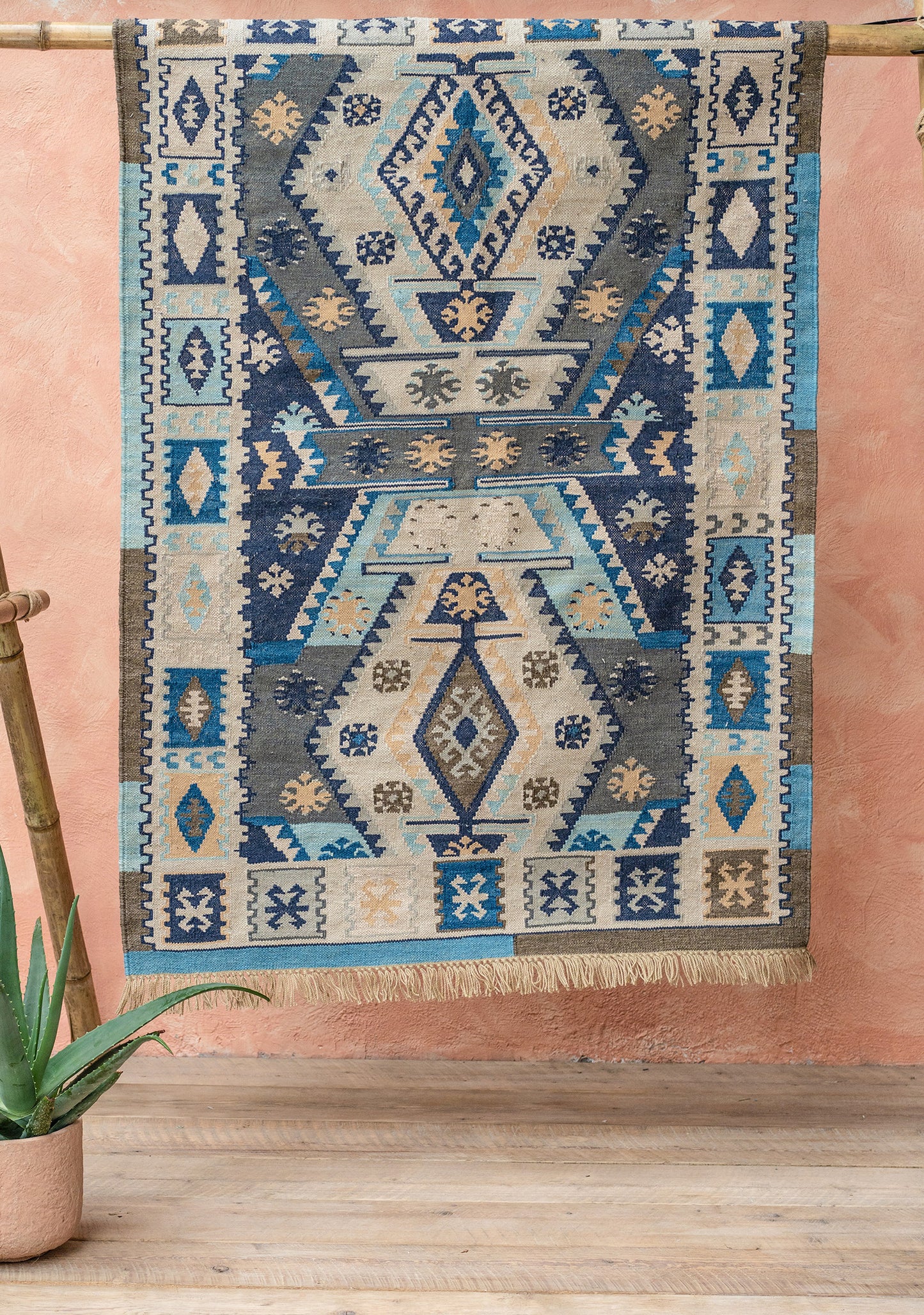 Decorative rug with geometric pattern blue and natural bohemian hippie handmade rug runner