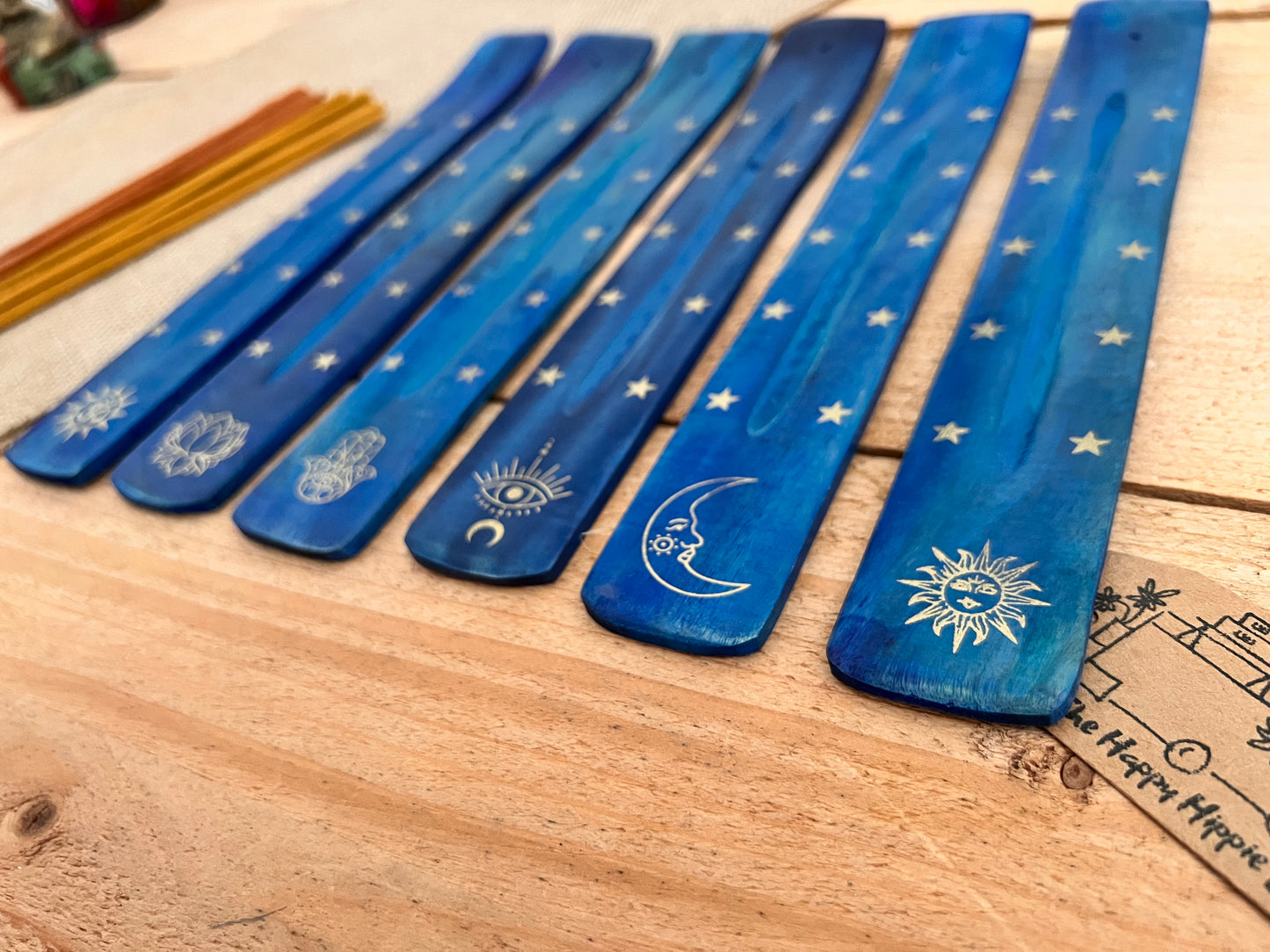 long incense holder ash catcher, incense stick holder burner in dark midnight blue colour with gold printed boho hippie design finish, six designs to choose from, handmade, hand printed ethically sourced wooden incense holder, boho hippie home decor incense