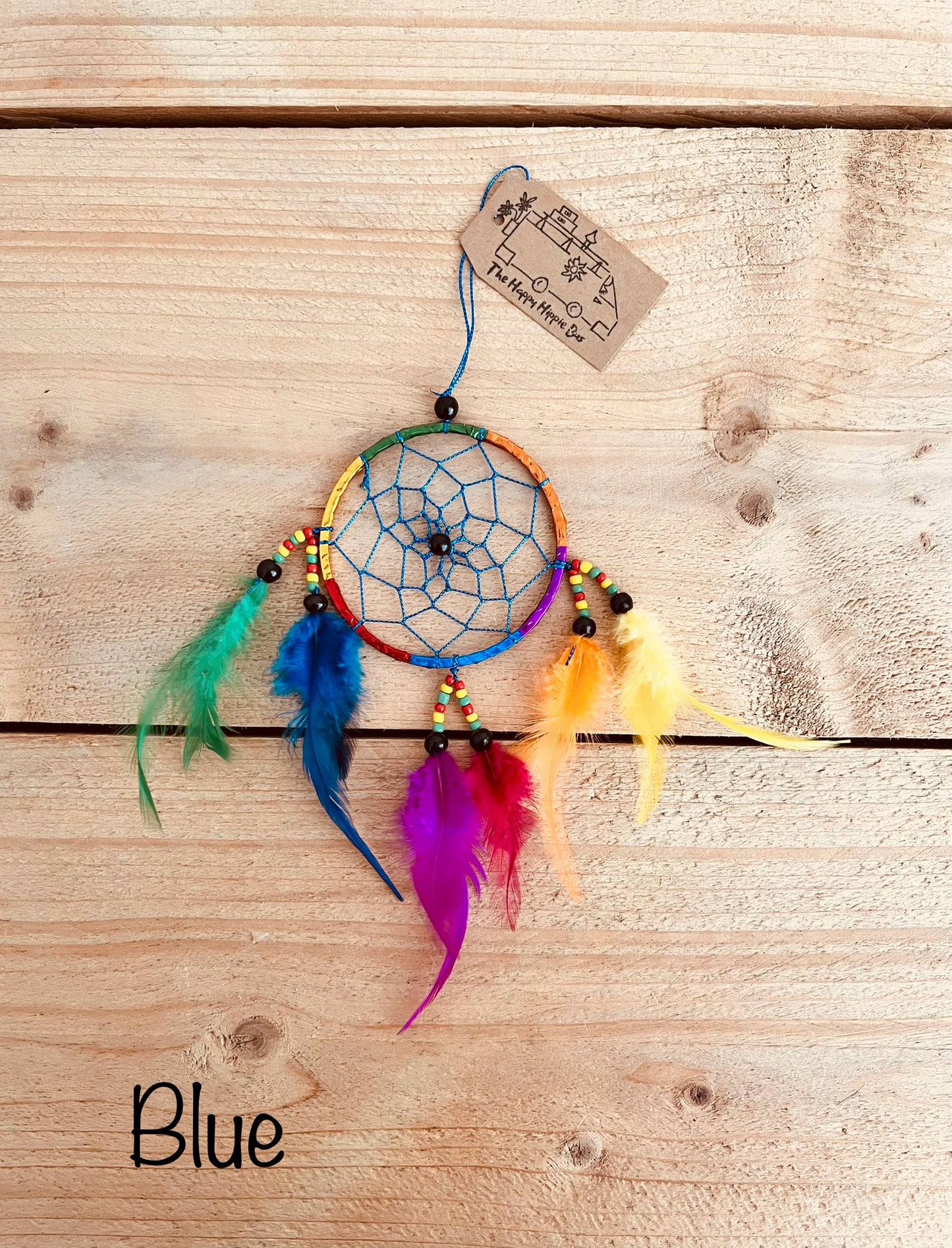 Blue Mini Colourful Bohemian Hippie Dream Catcher with beads and colourful feathers Bedroom Home Decor Window Decoration Handmade Fair Trade Ethically Sourced