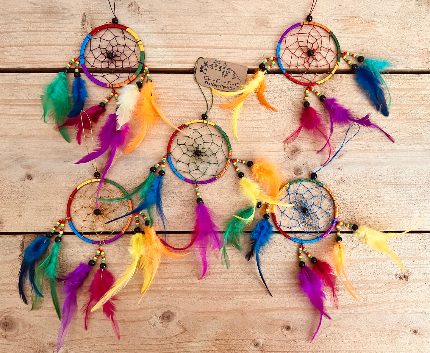 Five choices Mini Colourful Bohemian Hippie Dream Catcher with beads and colourful feathers Bedroom Home Decor Window Decoration Handmade Fair Trade Ethically Sourced
