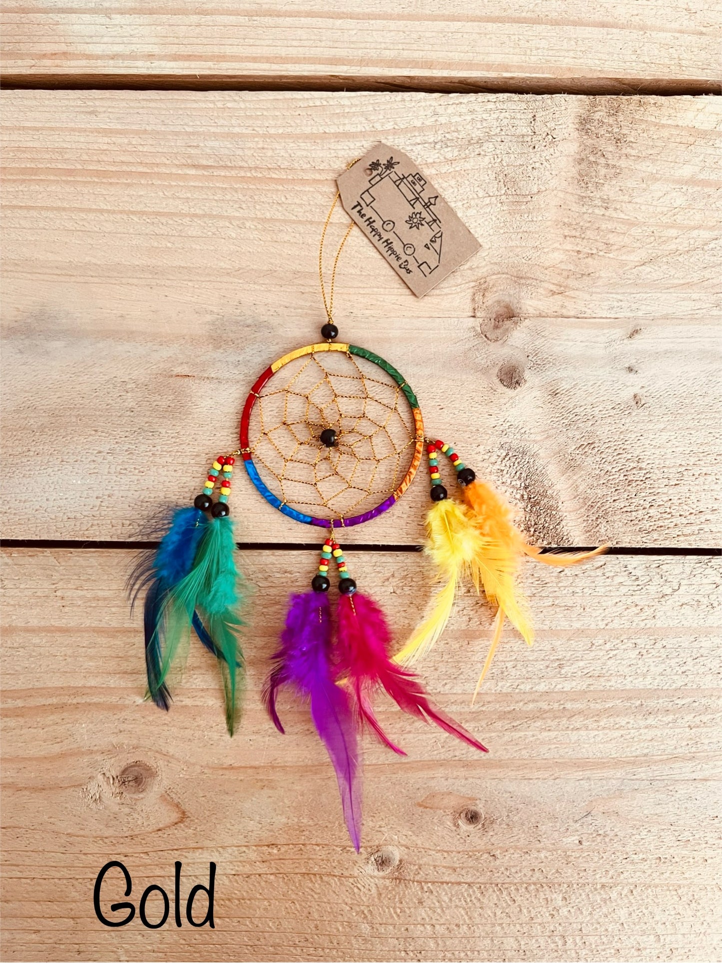 Gold yellow Mini Colourful Bohemian Hippie Dream Catcher with beads and colourful feathers Bedroom Home Decor Window Decoration Handmade Fair Trade Ethically Sourced