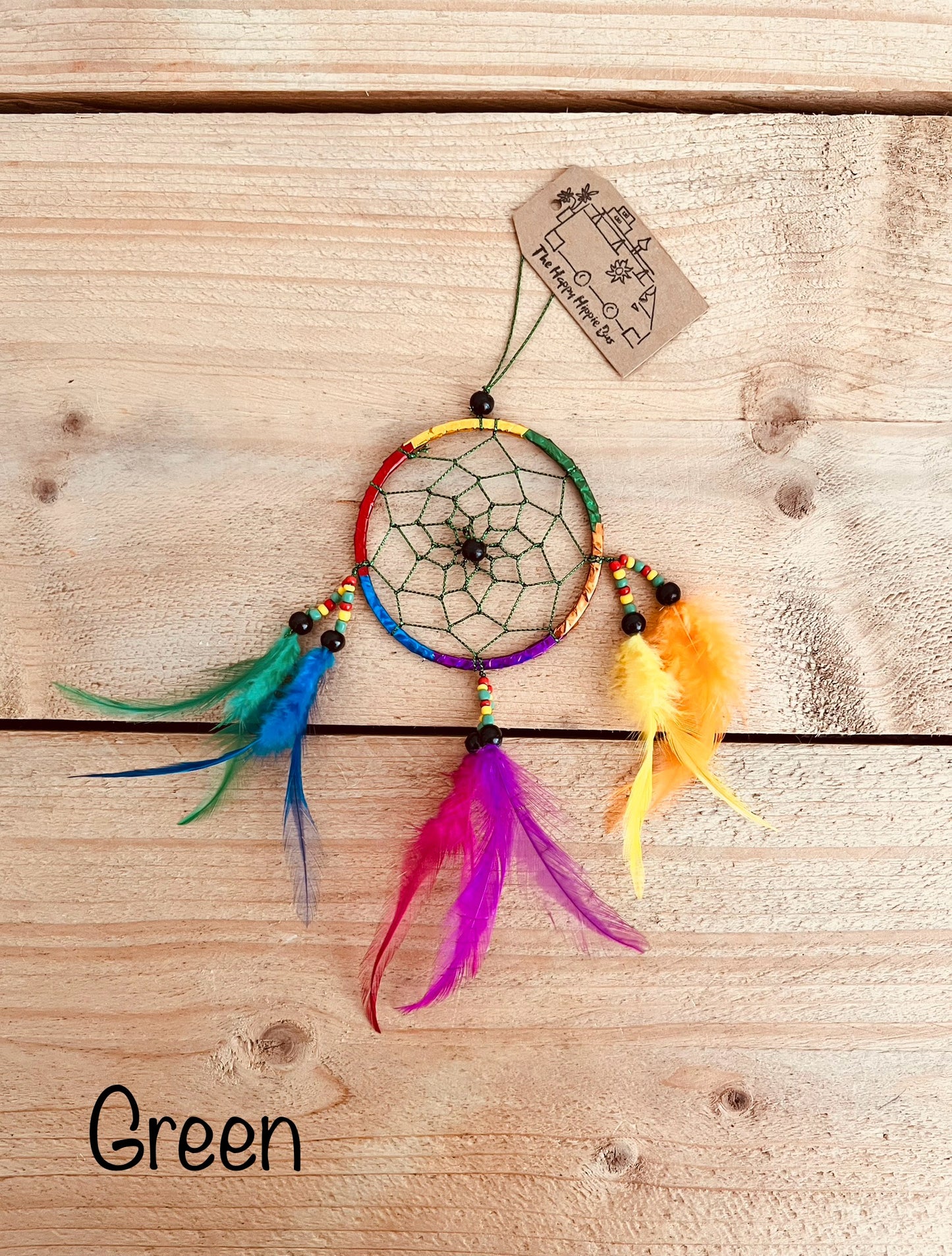 Green Mini Colourful Bohemian Hippie Dream Catcher with beads and colourful feathers Bedroom Home Decor Window Decoration Handmade Fair Trade Ethically Sourced