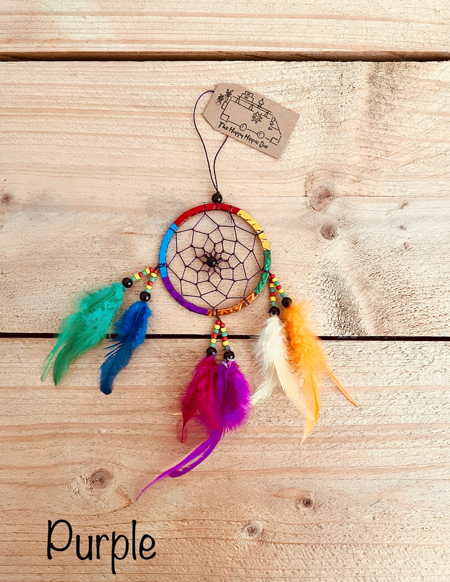Purple Mini Colourful Bohemian Hippie Dream Catcher with beads and colourful feathers Bedroom Home Decor Window Decoration Handmade Fair Trade Ethically Sourced