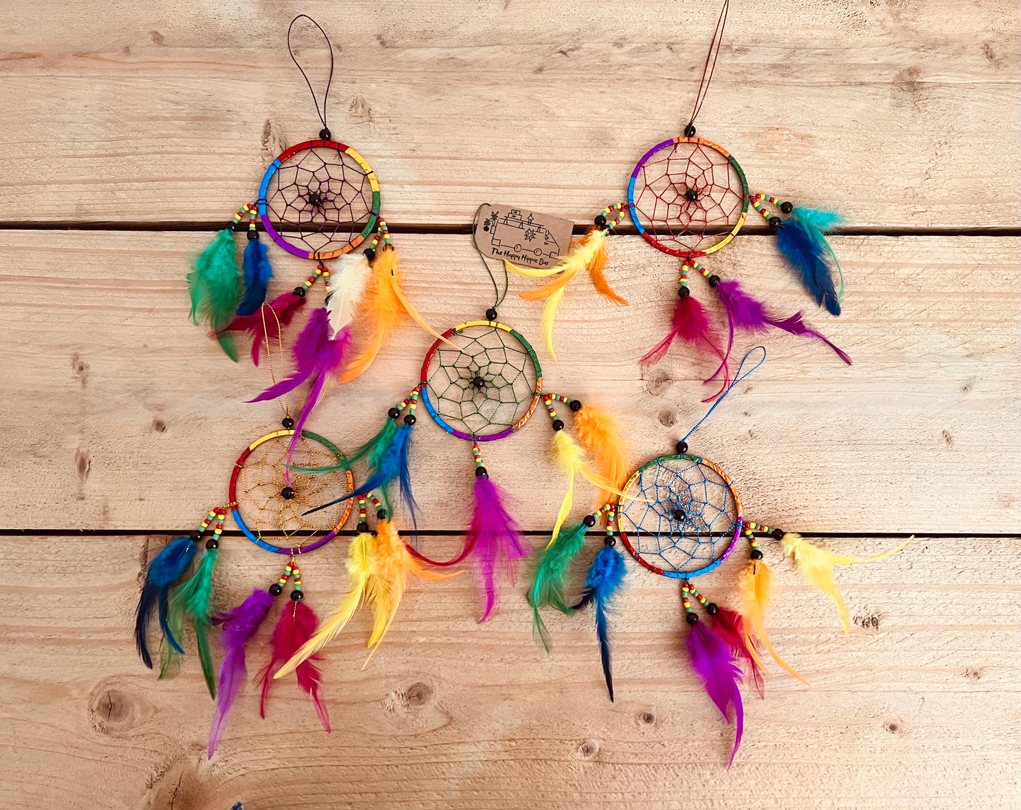 Mini Colourful Bohemian Hippie Dream Catcher with beads and colourful feathers Bedroom Home Decor Window Decoration Handmade Fair Trade Ethically Sourced