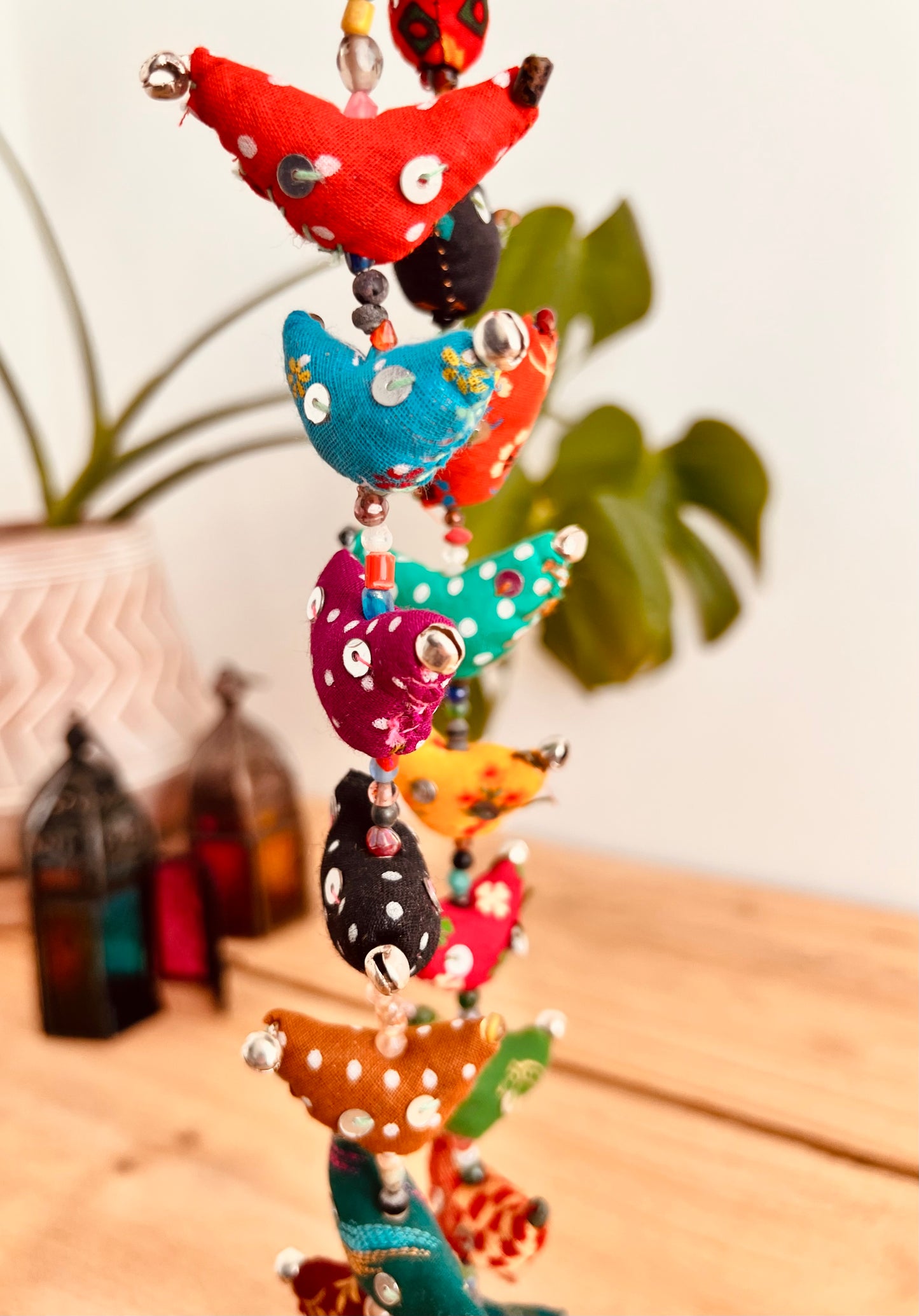 Handmade Fair Trade Ethically Sourced Bohemian Hippie Recycled Fabric mini toys Bird Bells Traditional Tota Indian bell home doorway Window Decor long size & multicoloured