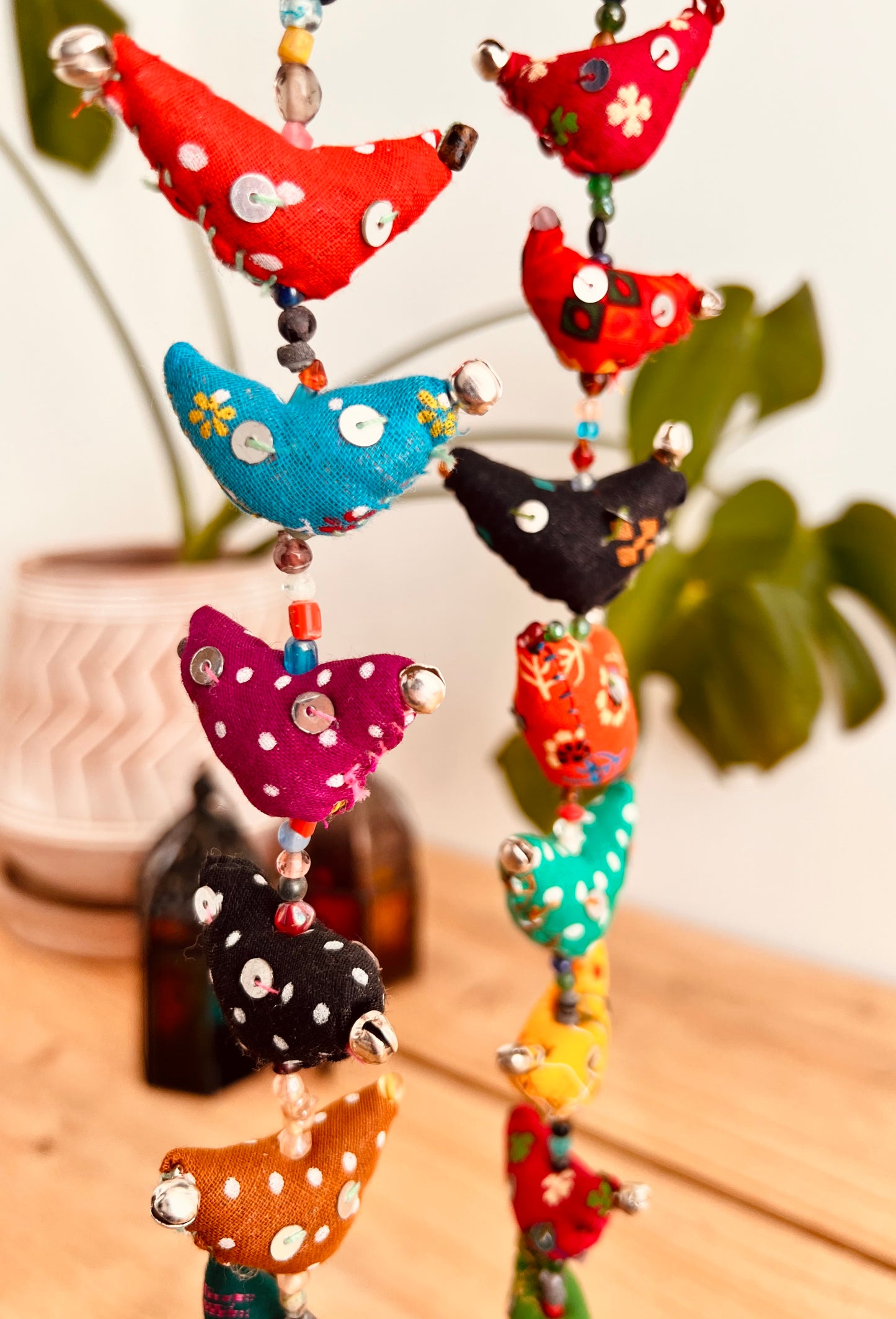Handmade Fair Trade Ethically Sourced Bohemian Hippie Recycled Fabric mini toys Bird Bells Traditional Tota Indian bell home doorway Window Decor long size & multicoloured
