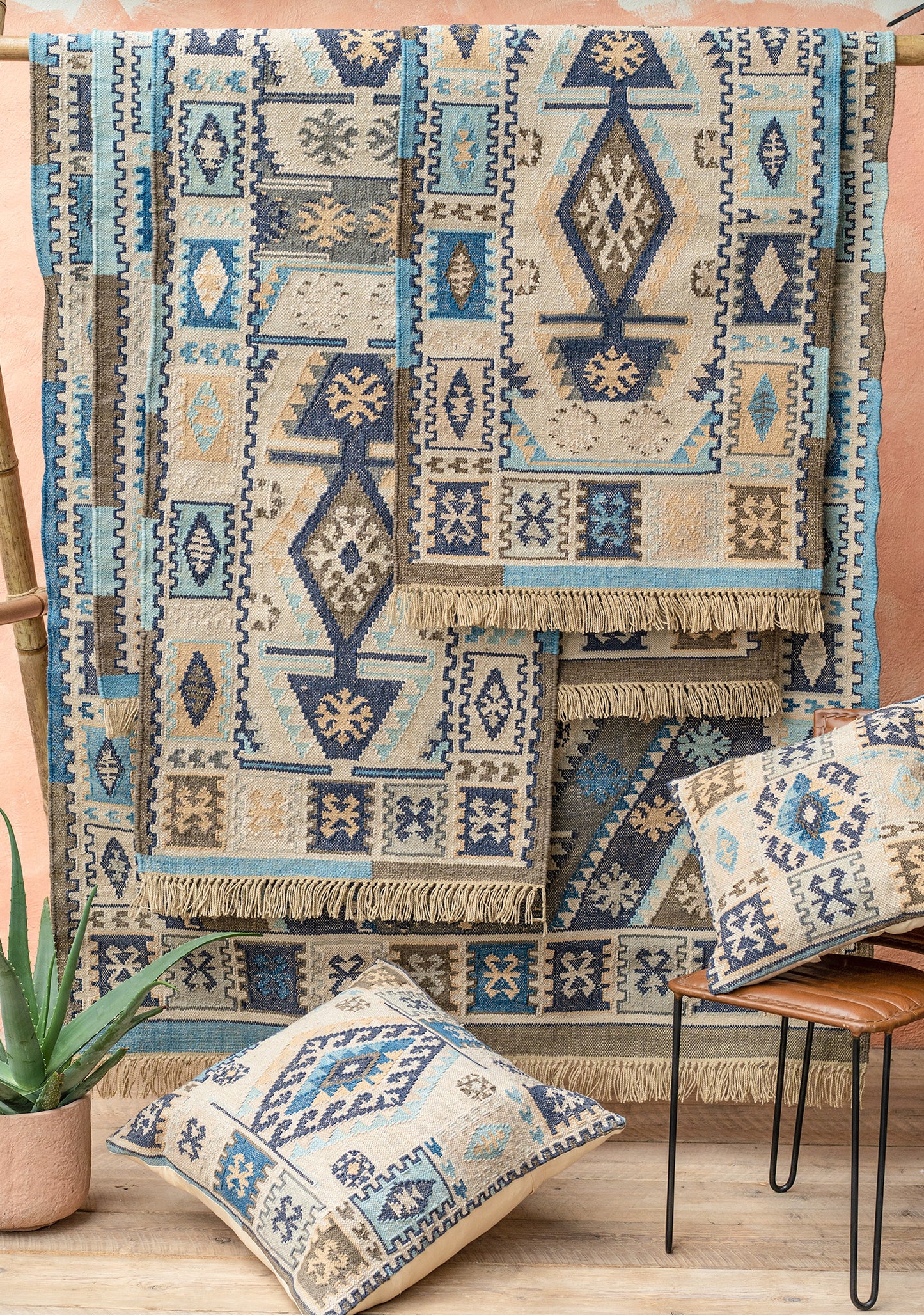 Patterned bohemian blue rug fair trade handmade hand loomed runner