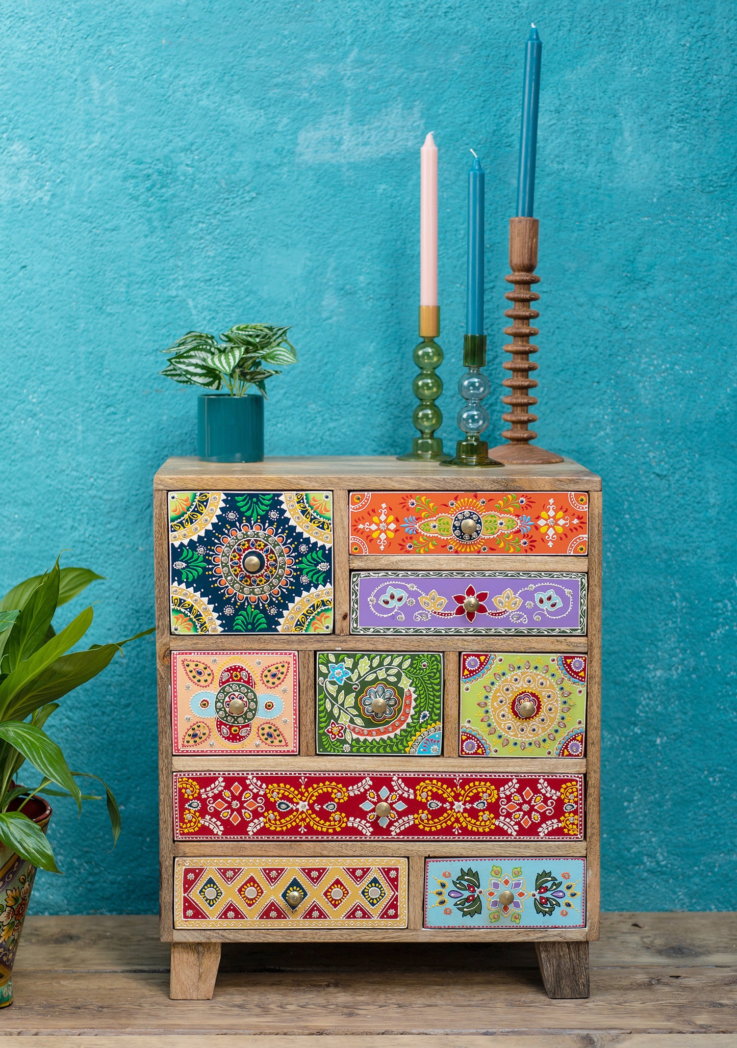 Handmade Fair Trade Ethically Sourced Bohemian Set Of Drawers Hand Painted Hippie Furniture Indian Cabinet