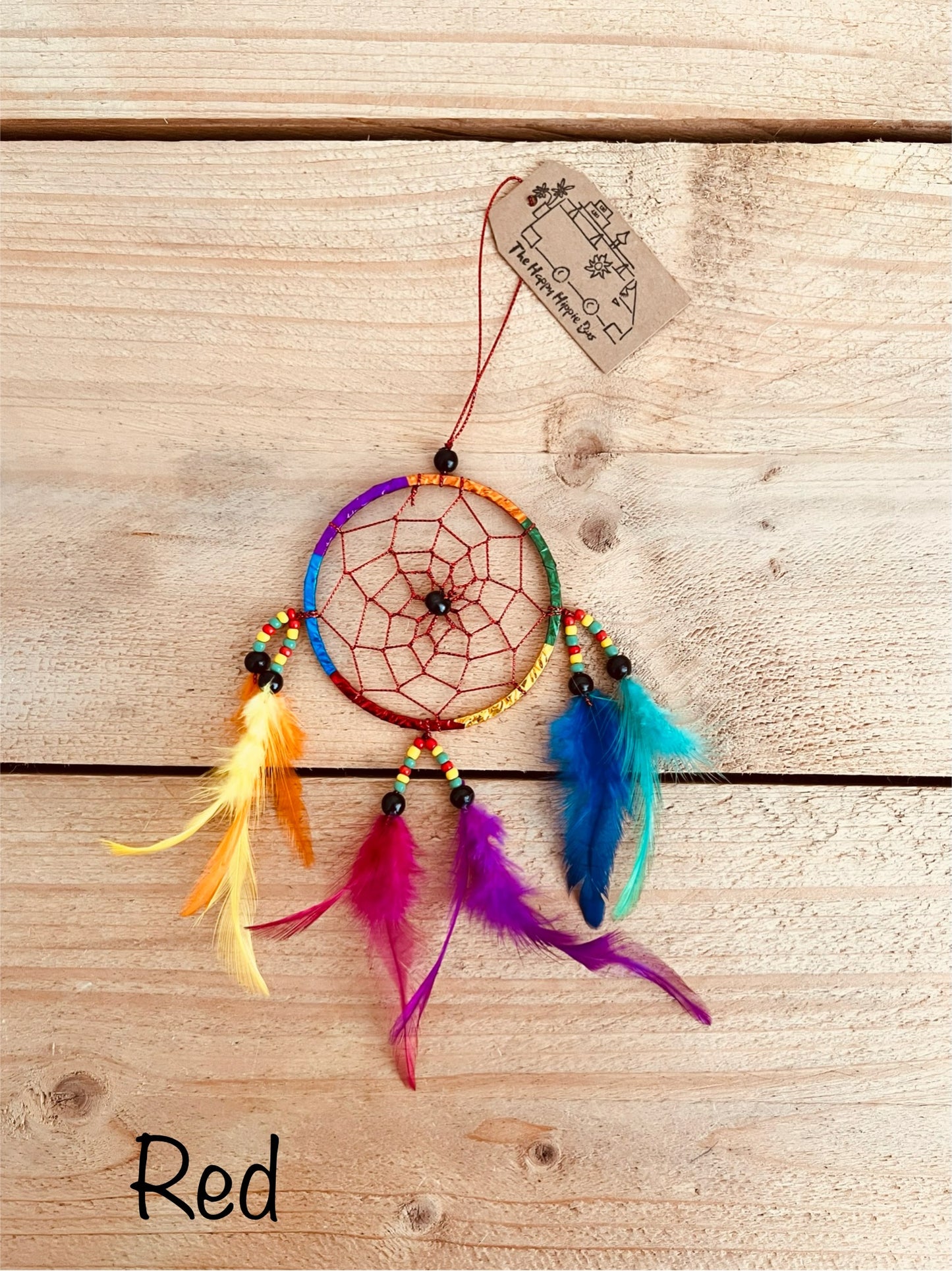Red Mini Colourful Bohemian Hippie Dream Catcher with beads and colourful feathers Bedroom Home Decor Window Decoration Handmade Fair Trade Ethically Sourced