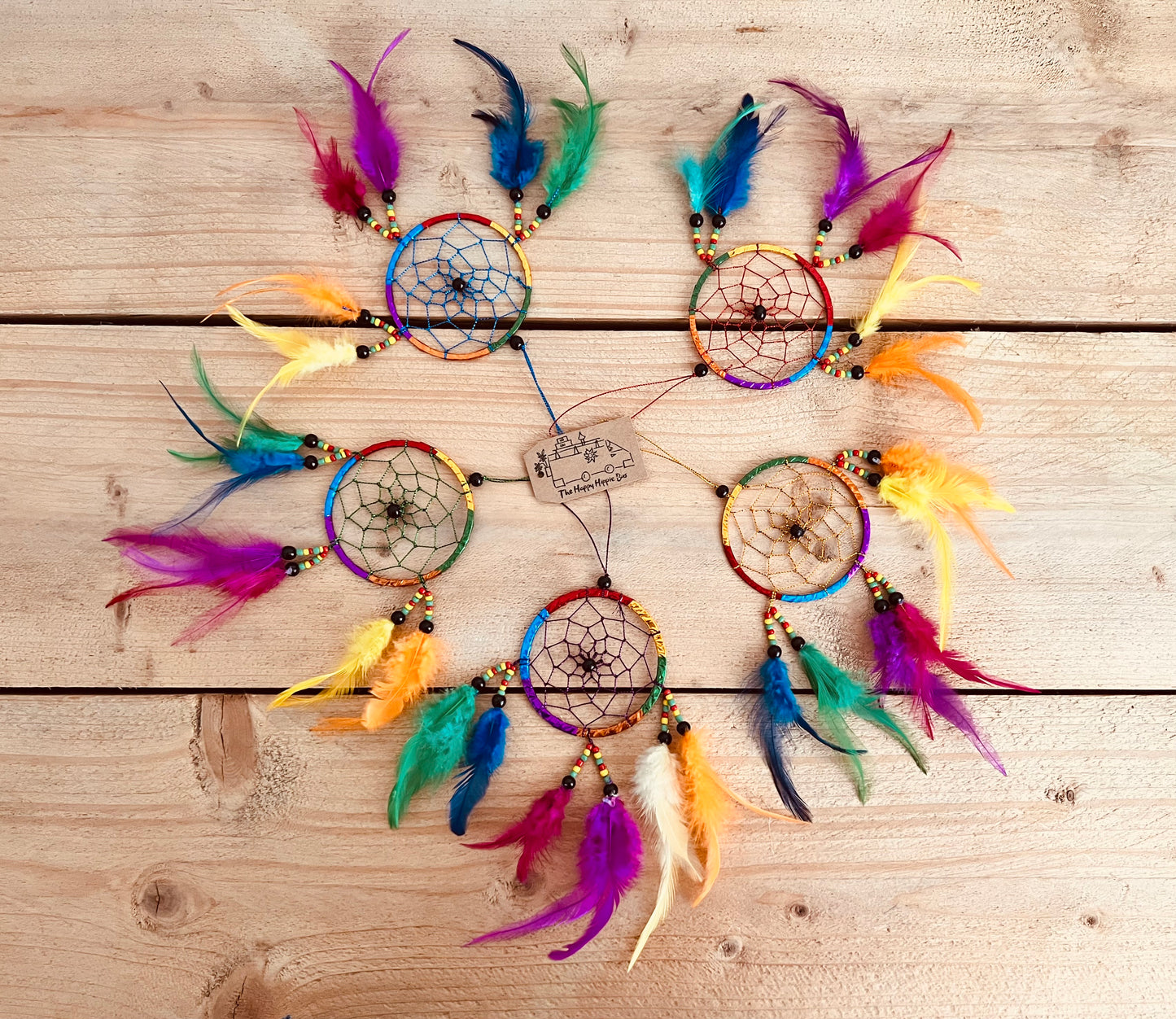 Mini Colourful Bohemian Hippie Dream Catcher with beads and colourful feathers Bedroom Home Decor Window Decoration Handmade Fair Trade Ethically Sourced