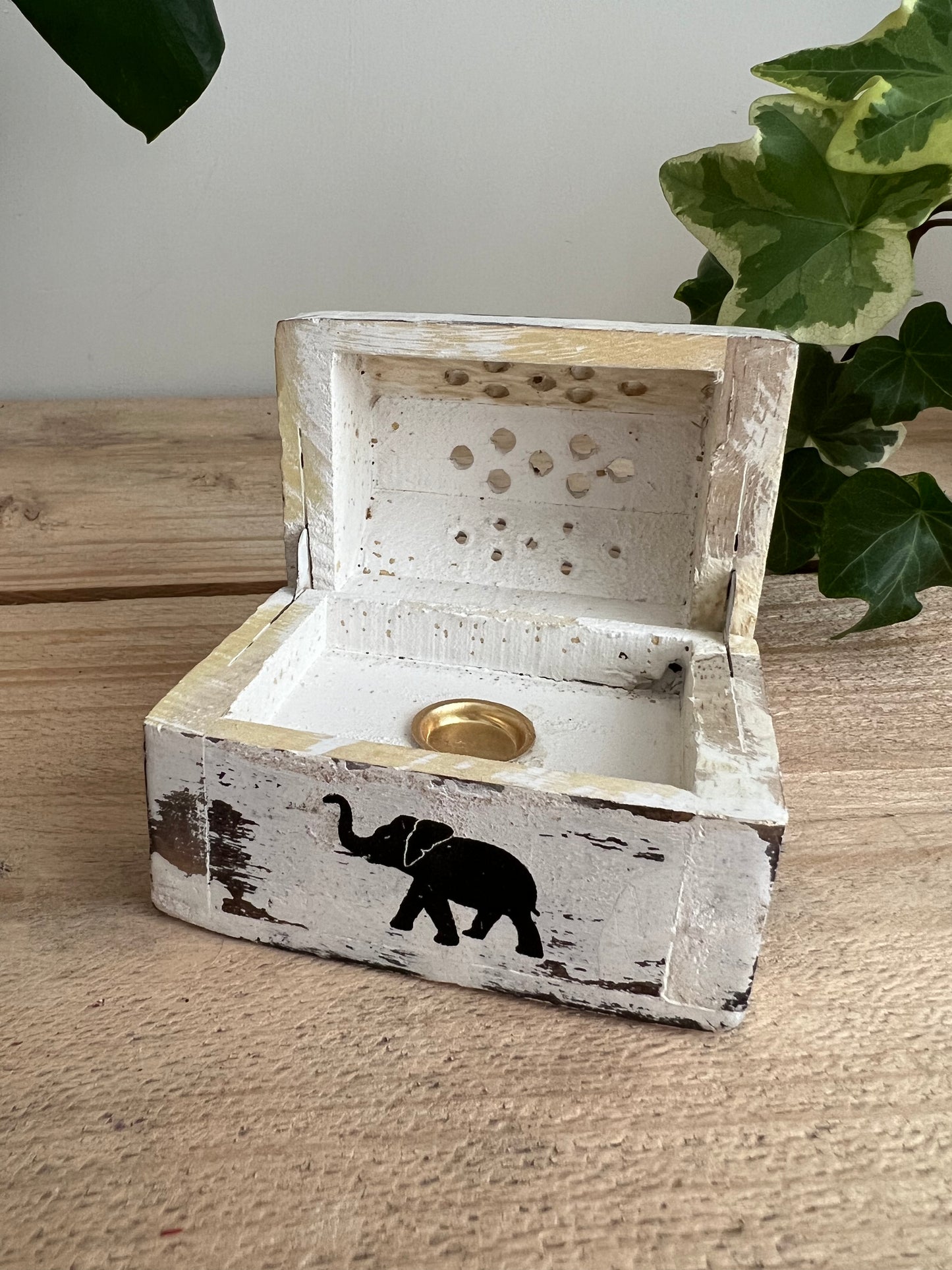 Handmade Fair Trade Ethically Sourced Elephant White Washed Incense Cone Box Bohemian Hippie Ash Catcher