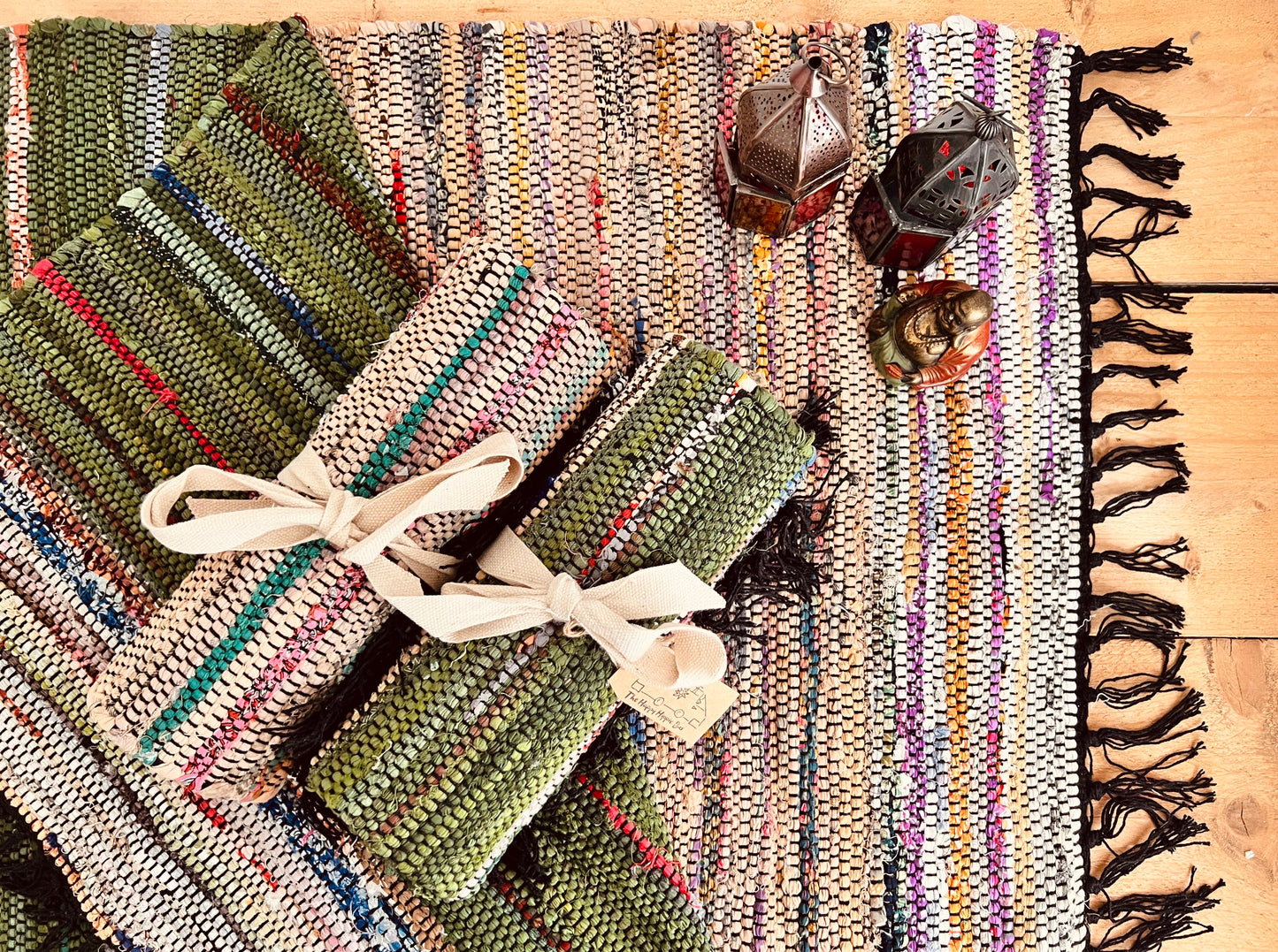 Handmade Fair Trade Ethically Sourced Bohemian Green Natural Rag Rug Tassels Runner Mat