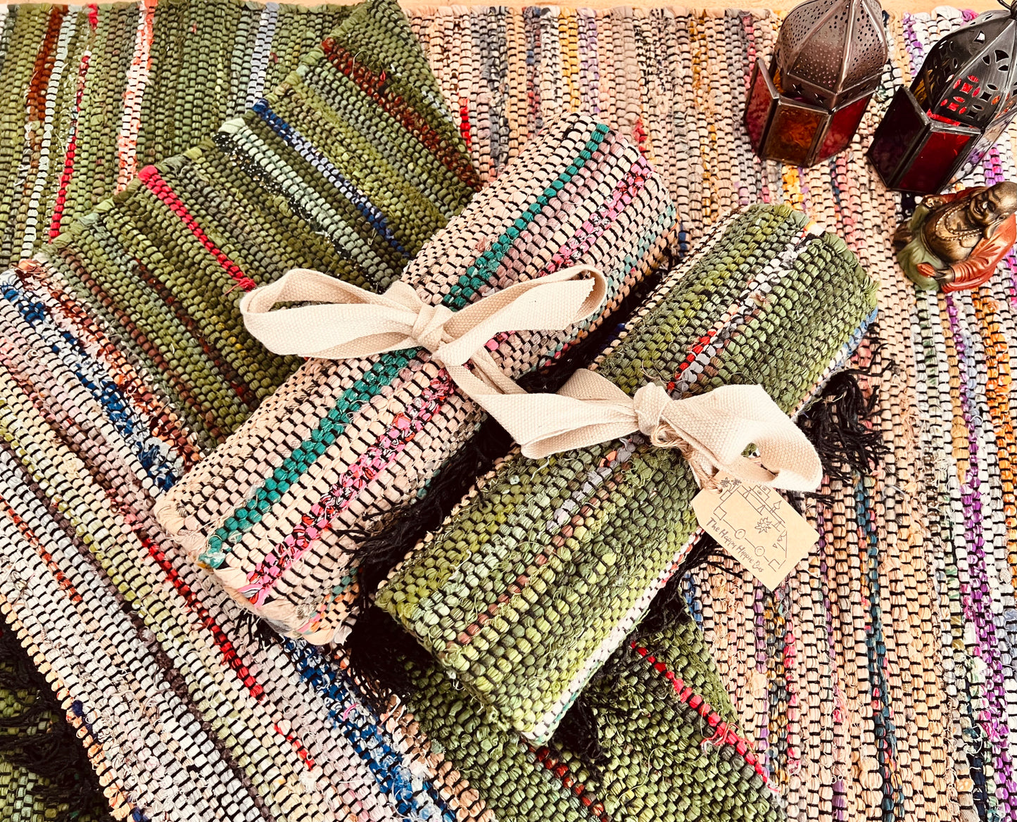 Handmade Fair Trade Ethically Sourced Bohemian Green Natural Rag Rug Tassels Runner Mat